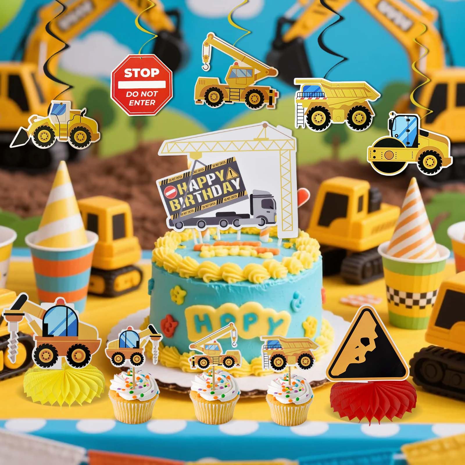 BLPRKOT 16 Pezzi Decorazione Torte Da Cantiere – Escavatori, Bulldozer E Segnali Stradali Per Feste Di Compleanno Bambini – Giocattoli E Cake Topper