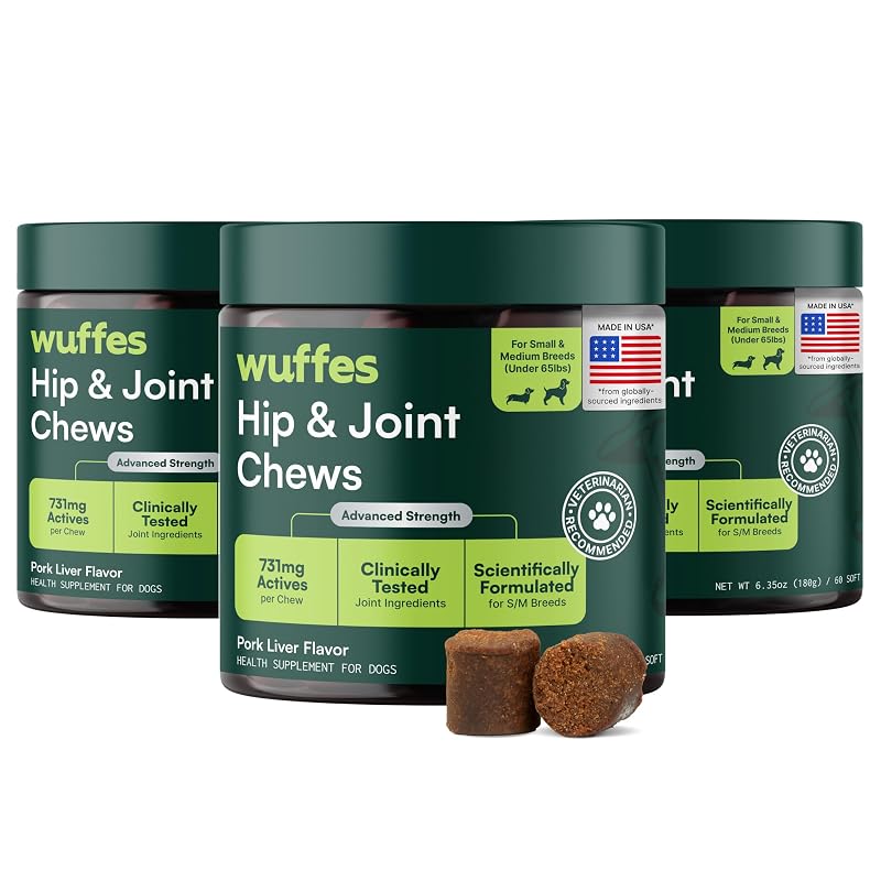 Suplemento mastigável para cães Wuffes com Glucosamina, Condroitina, MSM e Ômega 3, 180 unidades, Pacote com 3