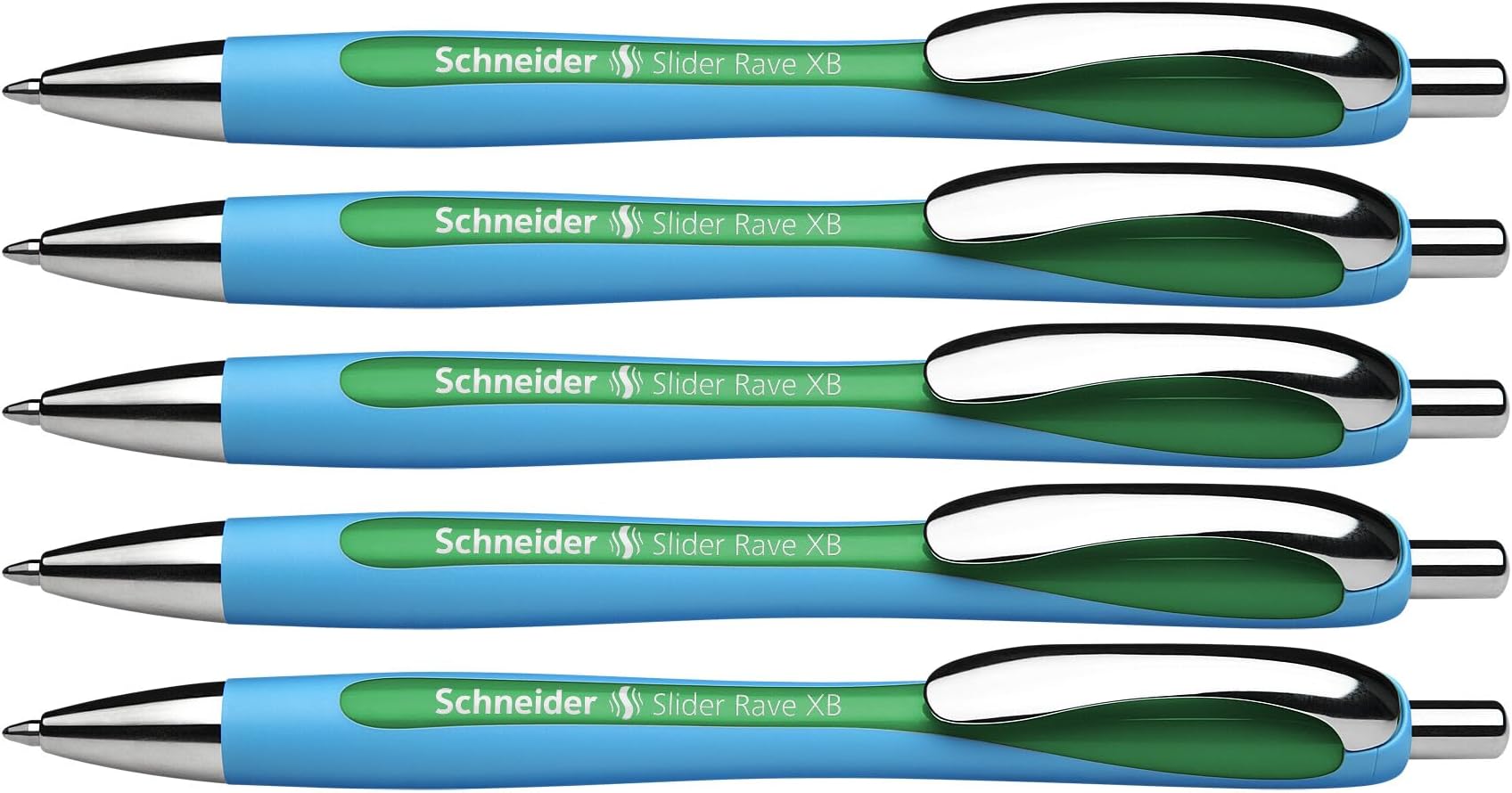 Schneider Slider Rave XB (Extra Broad) Ballpoint Pen, Refillable + Retractable, 1.4 mm, Light Blue Barrel, Green Ink, Box of 5 Pens (132504)