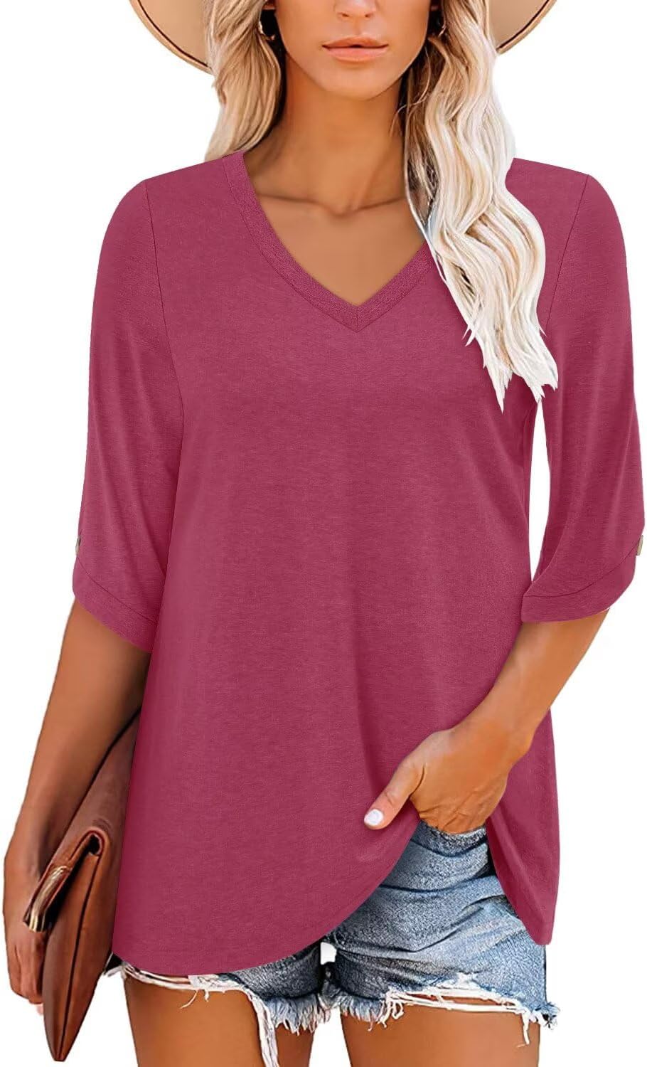 KISSMODA Women's Casual 3/4 Sleeve T-Shirts 2025 V-Neck Tunic Tops Cute Tees Blouses Loose Fit Business Work Tee Top - Image 3