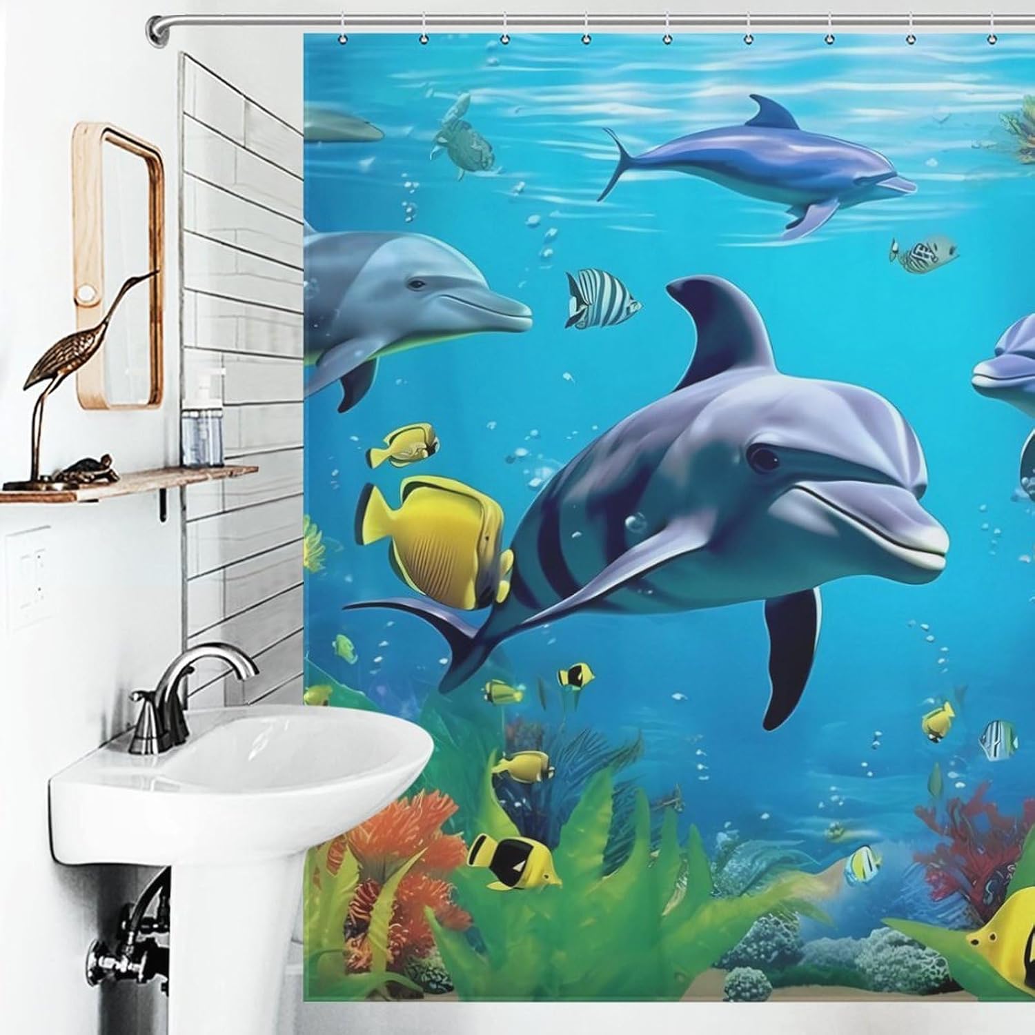 Dolphin Shark and Fish Under Blue Sea Funny Shower Curtains Washable Bath Curtain Liner with Hooks for Bathroom Bath Tubs