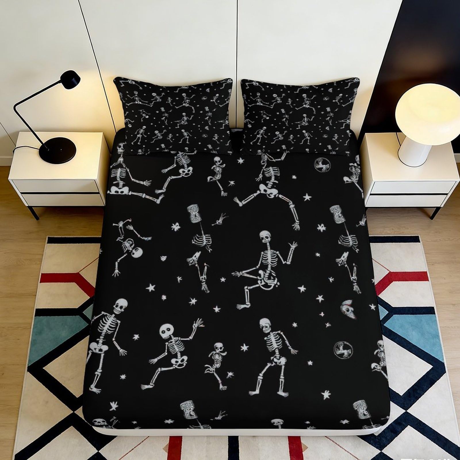 Uynsixtme Style-1 3D Printed Skeleton Black Fitted Sheet Microfiber Non-Slip Deep Pocket Skeleton Mattress Fitted Cover Bedroom Bedding 140X200x25cm