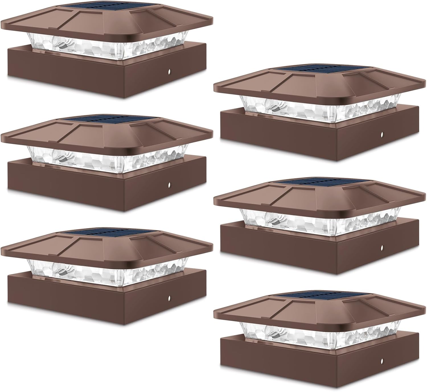 Peasur 6 Packs 4x4 Post Solar Lights with 3 Modes, Waterproof LED Solar Cap Lights for 4×4/3.5×3.5 Wood/Vinyl Posts, Brown Post Top Lighting Outdoor for Fence Deck Mailbox Porch Railing