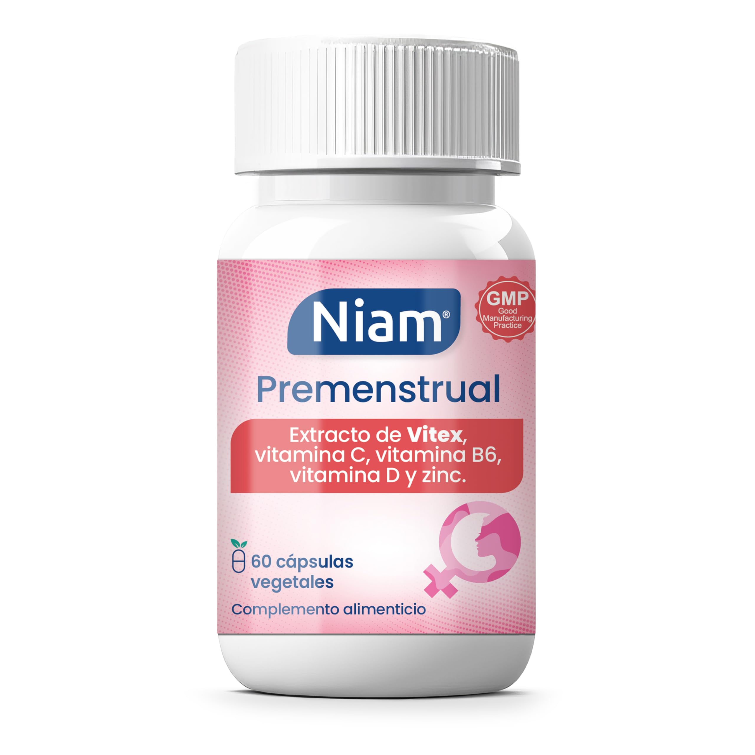 Vitex Agnus Castus 350 mg | Regulación hormonal | Alivio de molestias de la regla | SPM | Dolor Menstrual | Sauzgatillo, Vitaminas B6, D, C y Zinc | 60 cápsulas | Niam Premenstrual