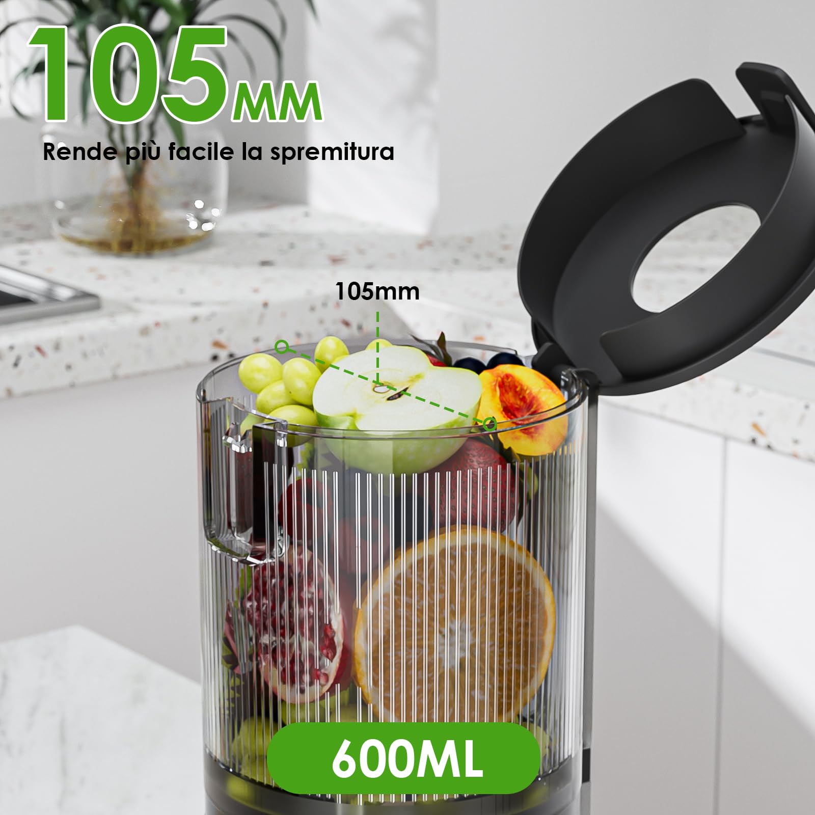 Estrattore di Succo, Slow Juicer 150W, Estrattore Frutta e Verdura, Spremiagrumi con Filtro SUS Resa Massima 40-100 giri/min, BPA Free, Sicurezza Anti-Surriscaldamento con 2 Tazze, Facile da pulire