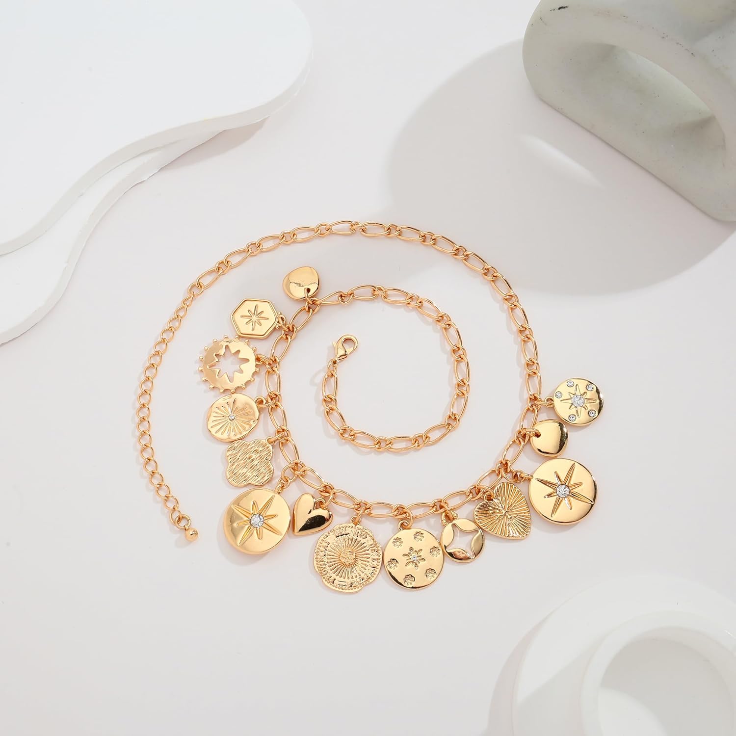 Chunky Multiple Charms Necklace for Women Boho Vintage Adjustable Gold Chain Necklace Bold Statement Round Choker Pendant Necklaces Fashion Heart Necklace - Image 5