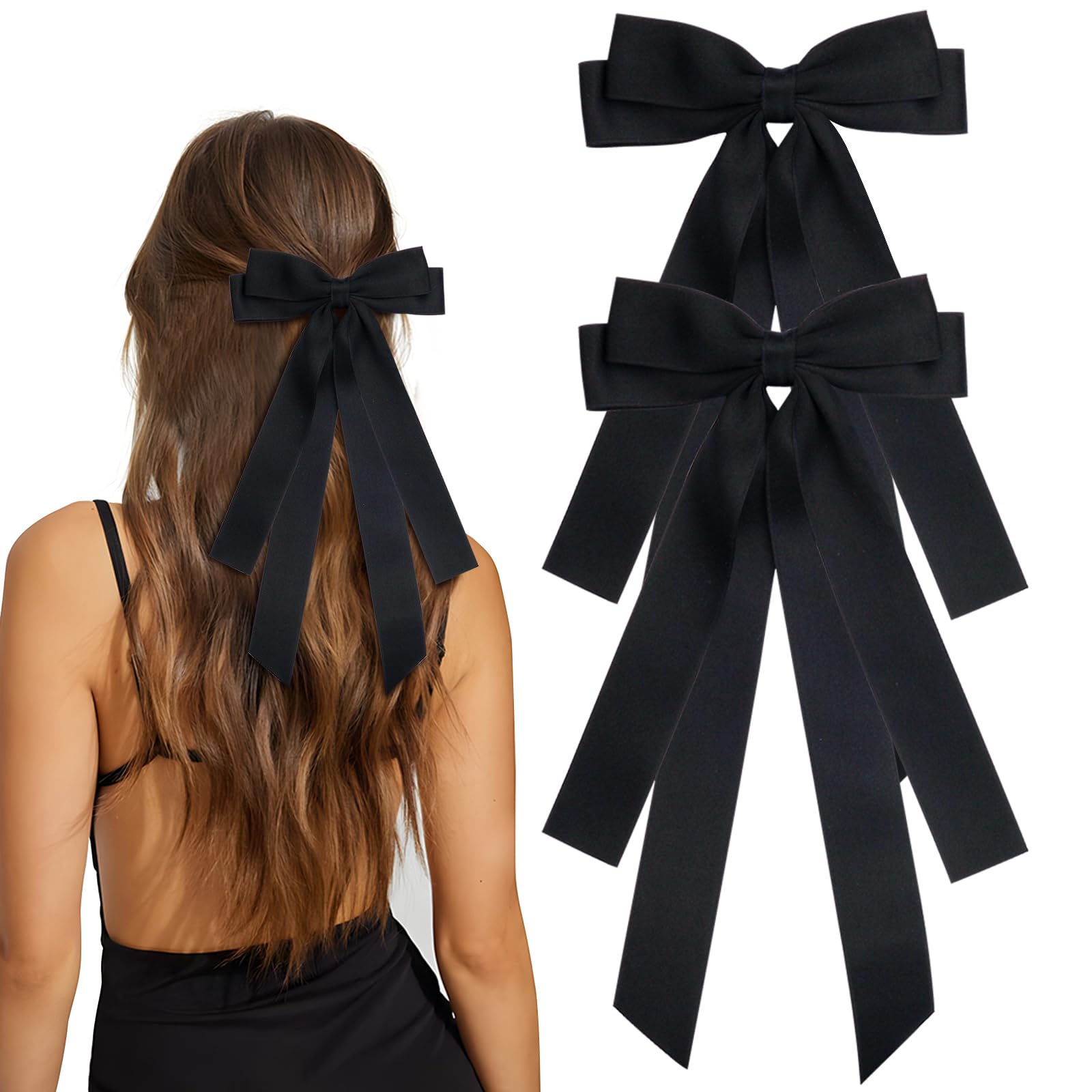 MIKONIKO Bow Hair Clips 2PCS Set for Women and Girls - Black White Ribbon Bows for Hair, with Long Tail, Alligator Clip (Black)
