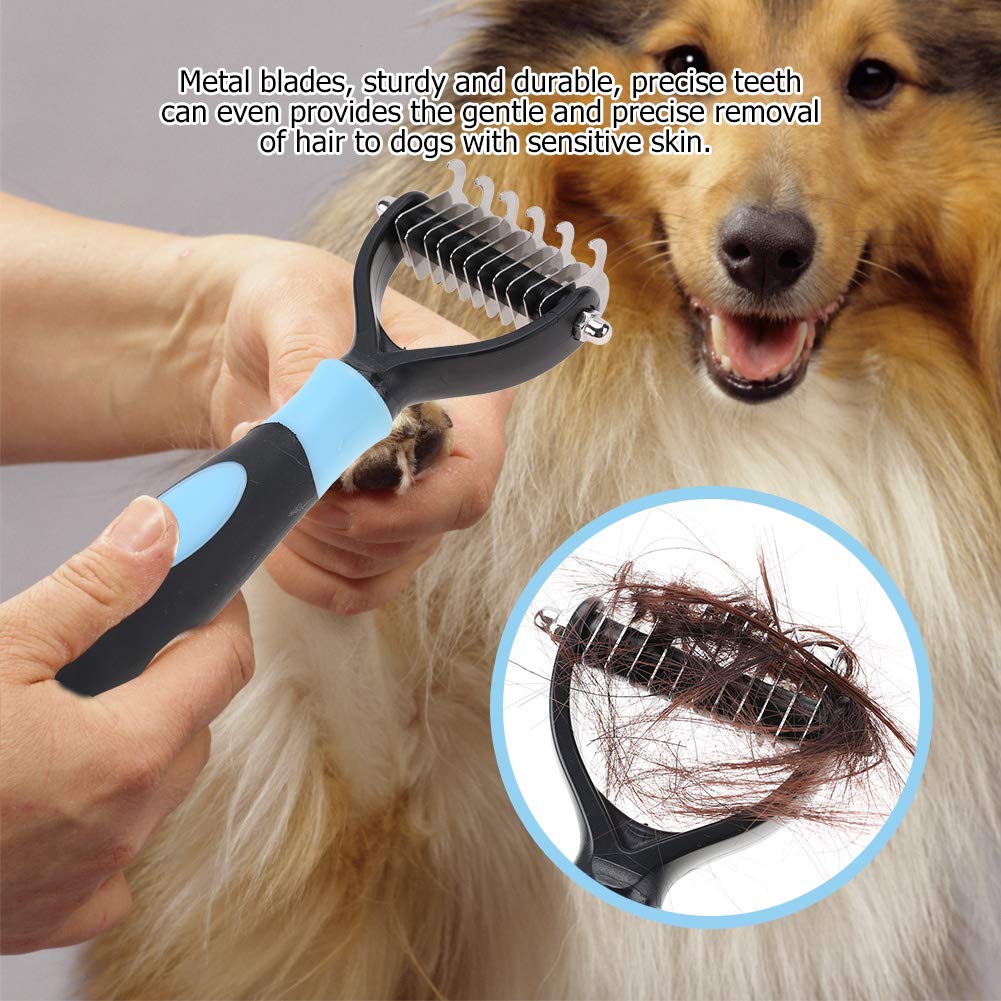 Dematting Comb Tool – dwustronna grabka do usuwania kolców i zaplątanych sierści u kotów i psów, profesjonalna szczotka antykolczasta (kolor niebieski)