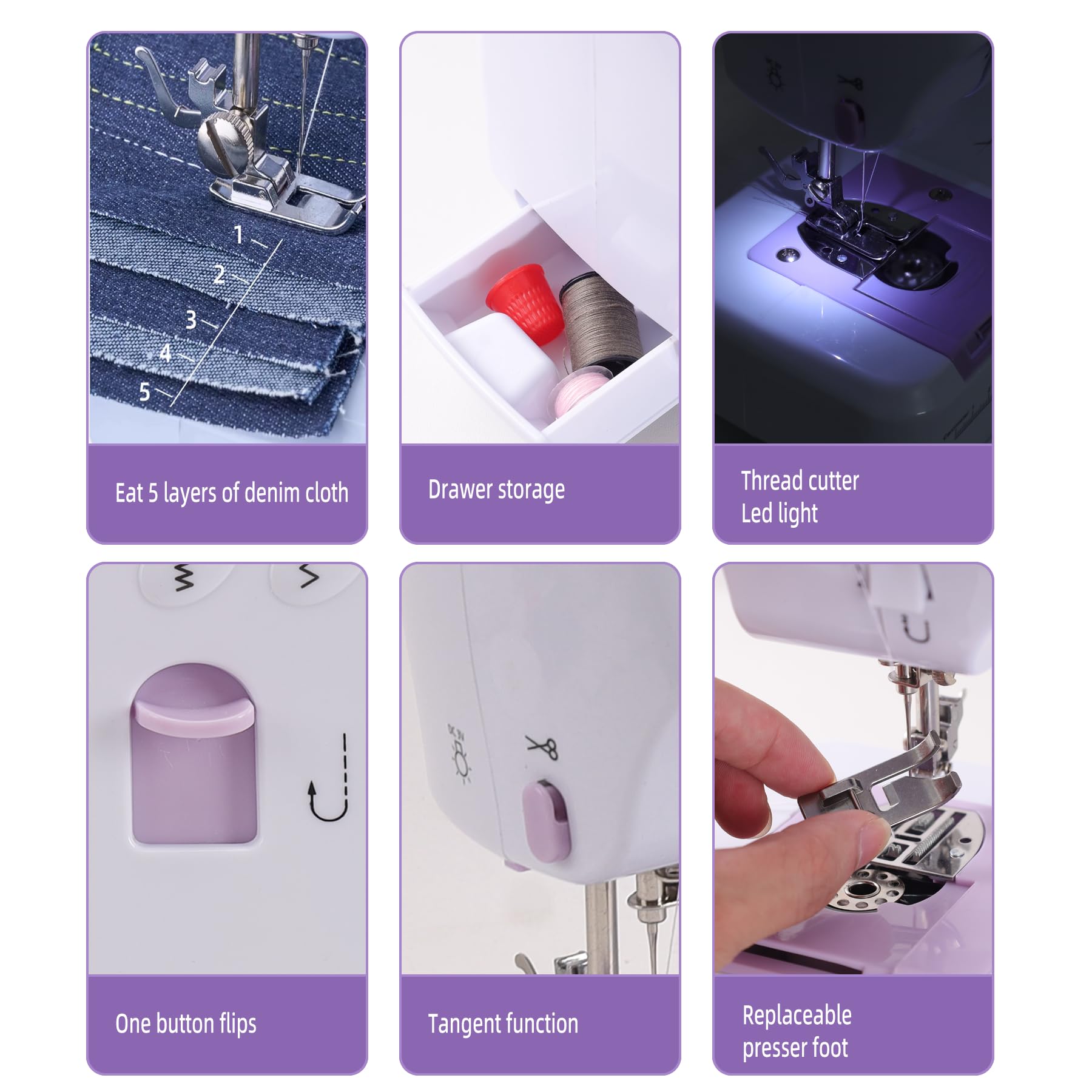 Máquina de coser compacta para principiantes, 12 patrones integrados, ligera con función inversa y control de pies, para manualidades de ropa y reparaciones (505) 3