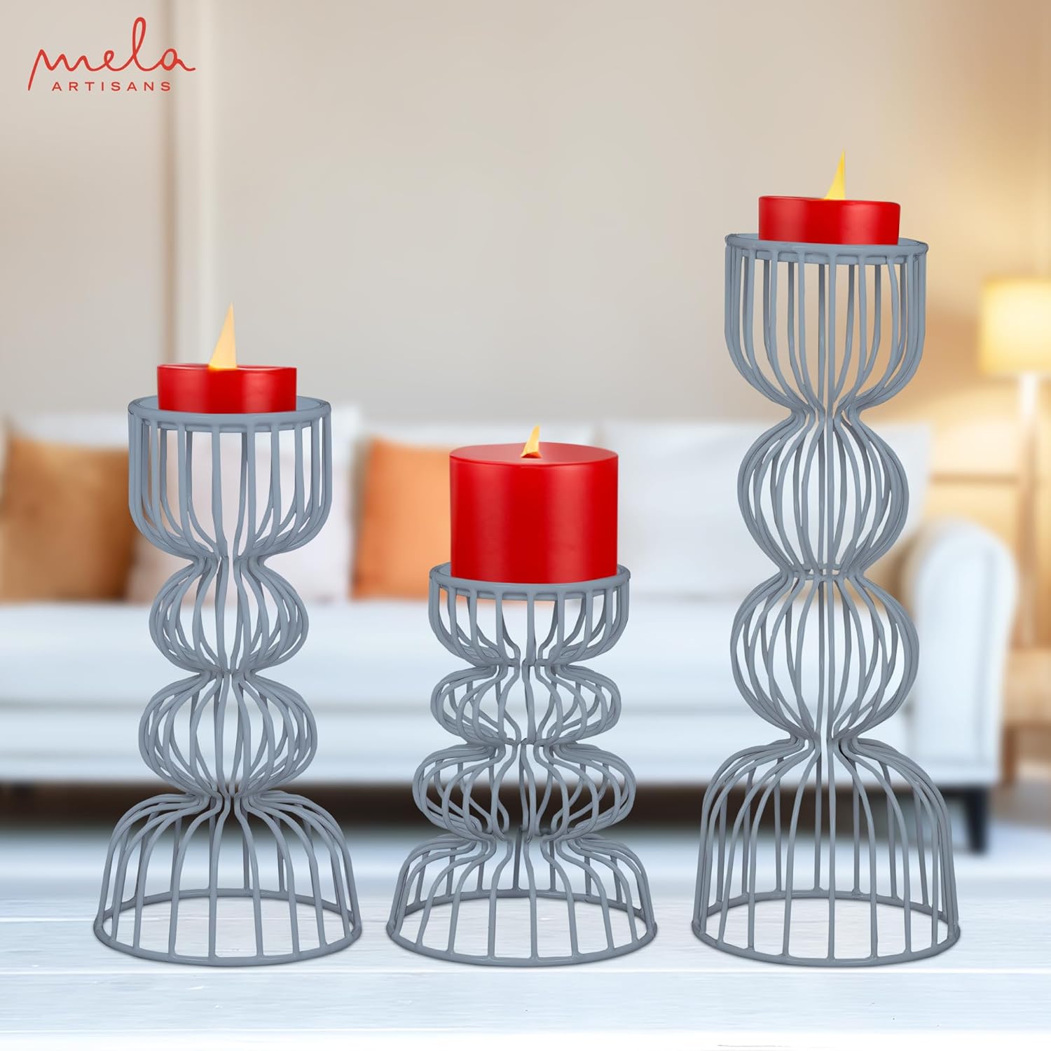 Lainon Candle Holders for Pillar Candles (Grey, Set of 3) - Hand Crafted Grey Metal Candle Holder Decoration - Metal Candle Pillar Holder for Table Centerpiece - Candle Stick Holder - 6", 9", 12"