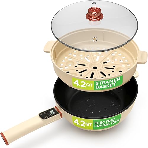 Nutrichef Sartén eléctrica de 4L y vaporizador de 4 L, olla antiadherente multifuncional portátil de 1000 W para cocinar, mango duradero seguro para