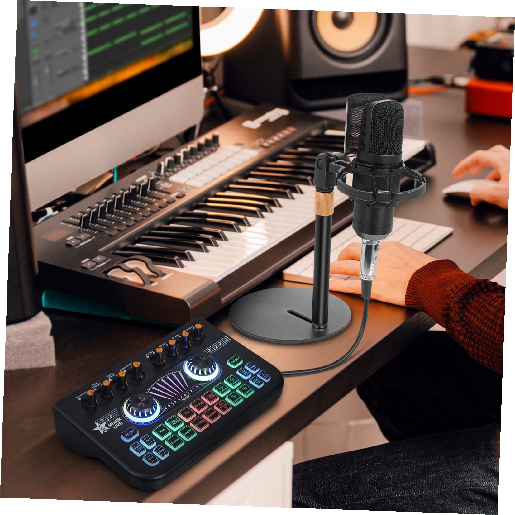 GLEAVI Set Completo Attrezzatura per Streaming Live Microfono e Scheda Audio Mixer, Costruzione Robusta in Metallo e Plastica, per Karaoke e Gaming