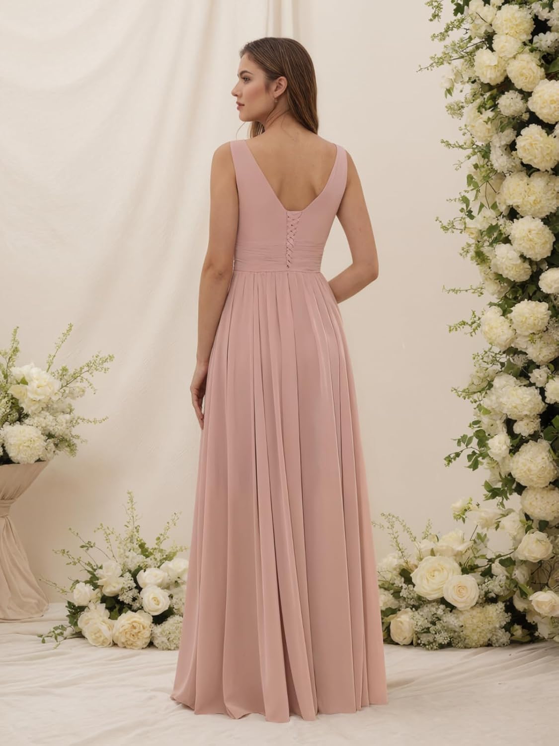 Chiffon Bridesmaid Dresses for Wedding Guest V Neck Ruffles Long Chiffon Formal Party Dress with Pockets BD009