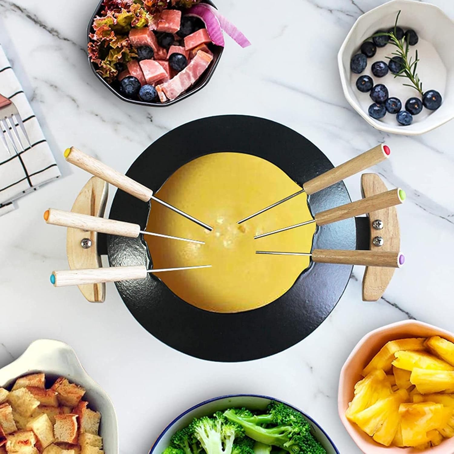 Cast Iron Cheese Fondue Set, Chocolate Cheese Melting Oven, with 6 Fondue Forks, Fondue Burner, for Meat, Chocolate & Cheese, Cheese Fondue Set Serve 6 Persons