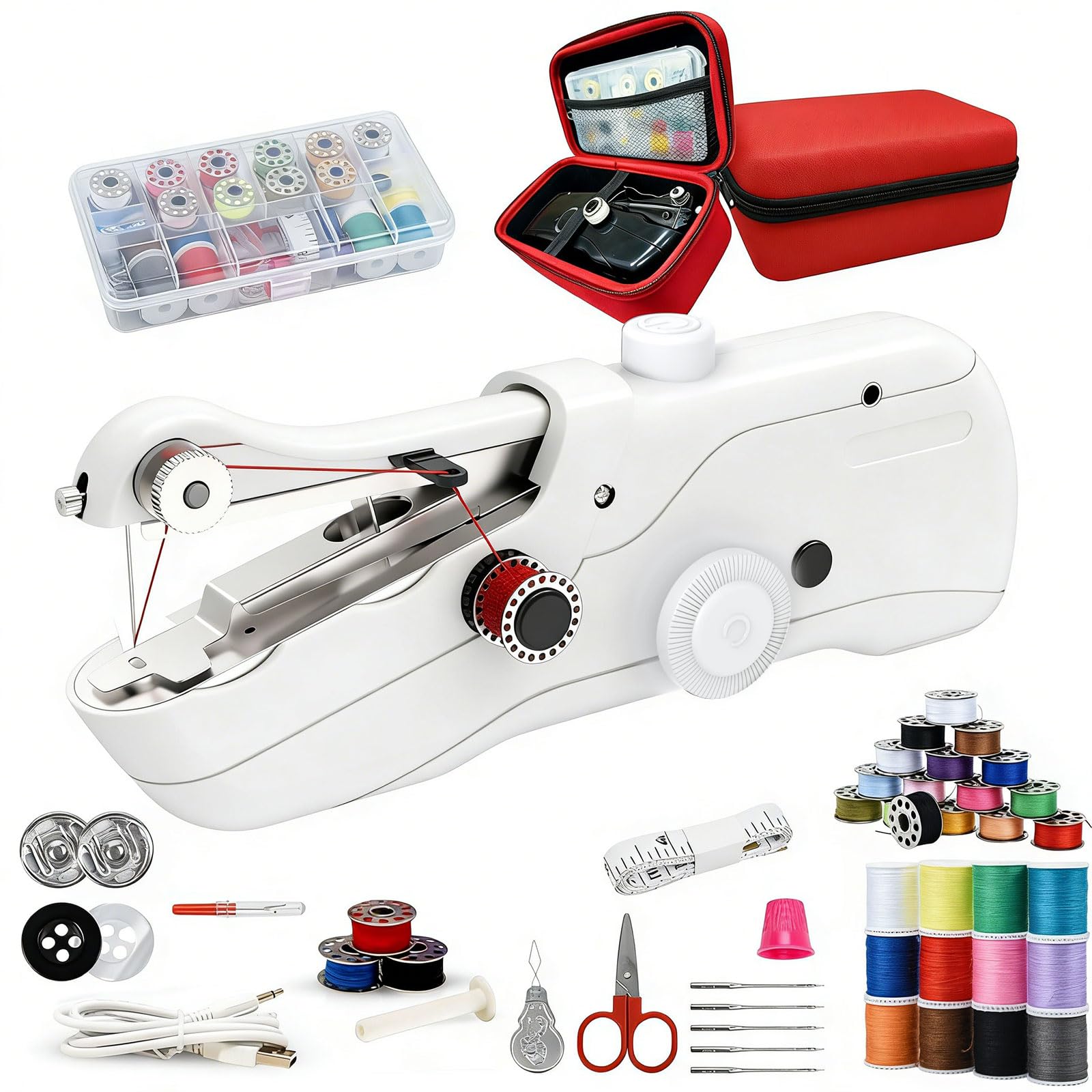 Photo 1 of Handheld Sewing Machine,Portable Mini Sewing Machine for Beginners with Sewing Kit and Storage Case,Electronic Small Sewing Machine for Quick Stitching,Perfect for Adults & Travel(White)