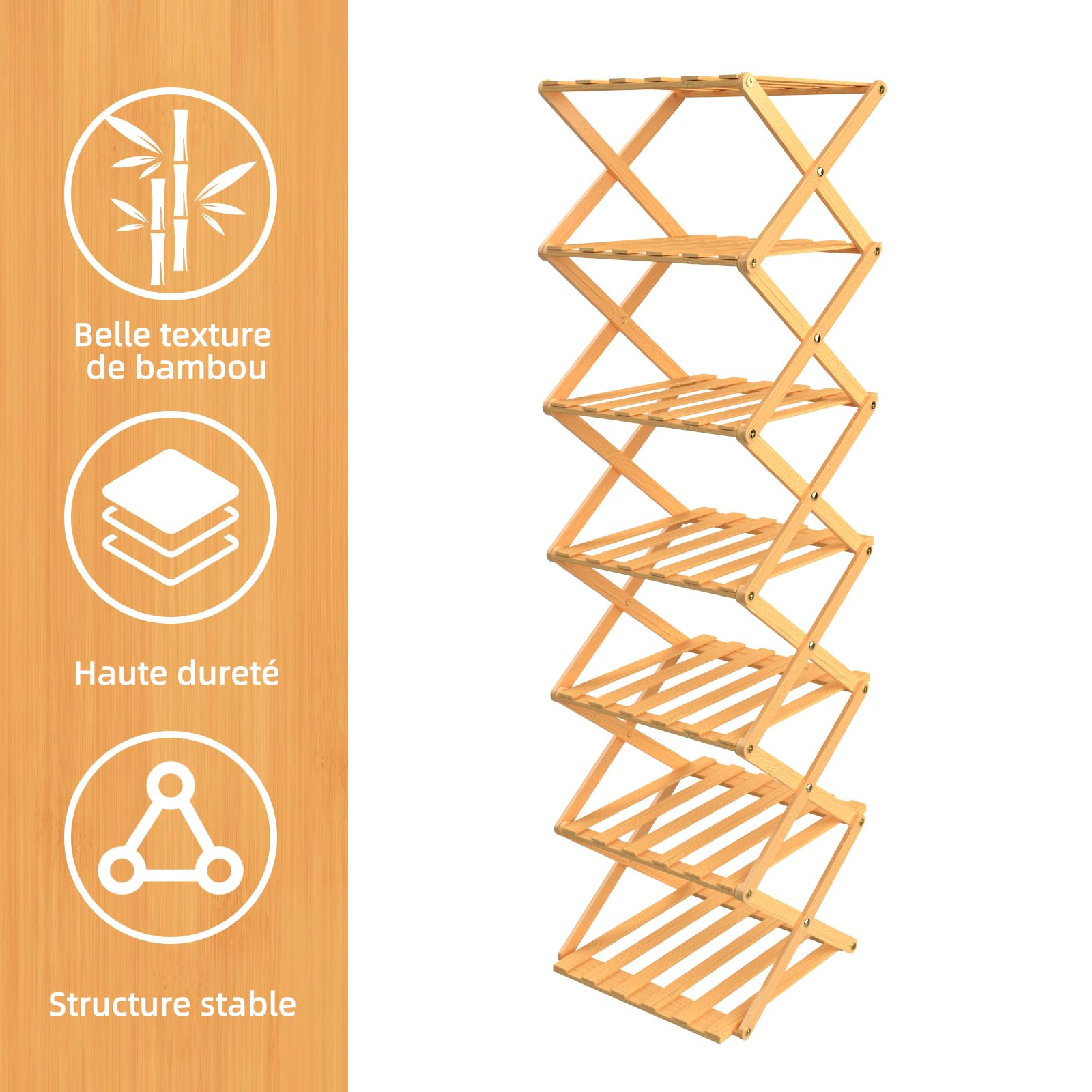 OHMG - Estantería de bambú plegable de 7 plantas, organizador de bambú, ideal para estante de zapatos, en el cuarto de baño y como estante de cocina, estante para decoración, poco espacio