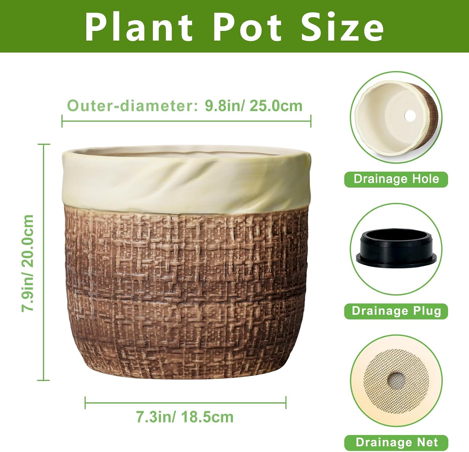 Ceramic Planter - 9.8 Inch Plant Pot for Indoor Outdoor Plants, Boho Ceramic Plant Pots with Drainage Hole and Plug, Round Indoor Planter, Garden Decor, Gardening Gifts for Women, Brown