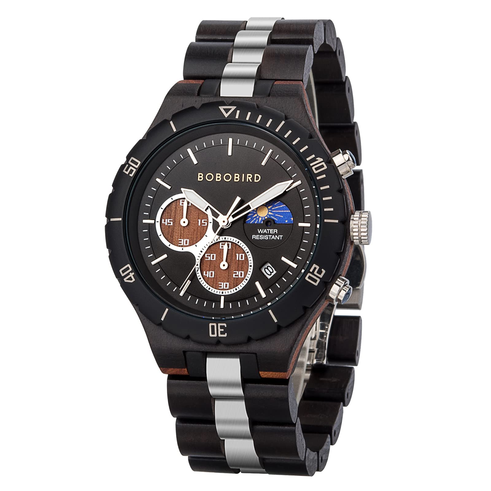BOBO BIRDMens Quartz Wooden Watches Stainless Steel Red Sandalwood Alloy Wood Watch for Male Classic Function Wristwatch Chronograph Luminous Hands Day and Night Date Display, Black, classic