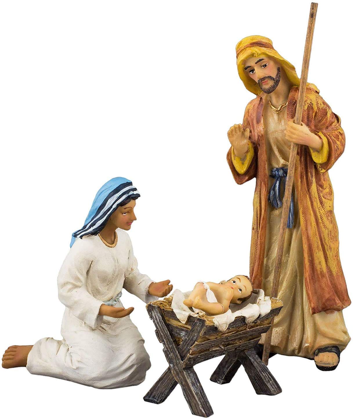 Three Kings Gifts Holy Family Joseph, Mary, Jesus with Manger, Polystone Flat Bottom Base for Stability, Home Decorating Christmas Nativity Scene Sets & Figures, 3-Pieces, For 10 inch Scale Collection