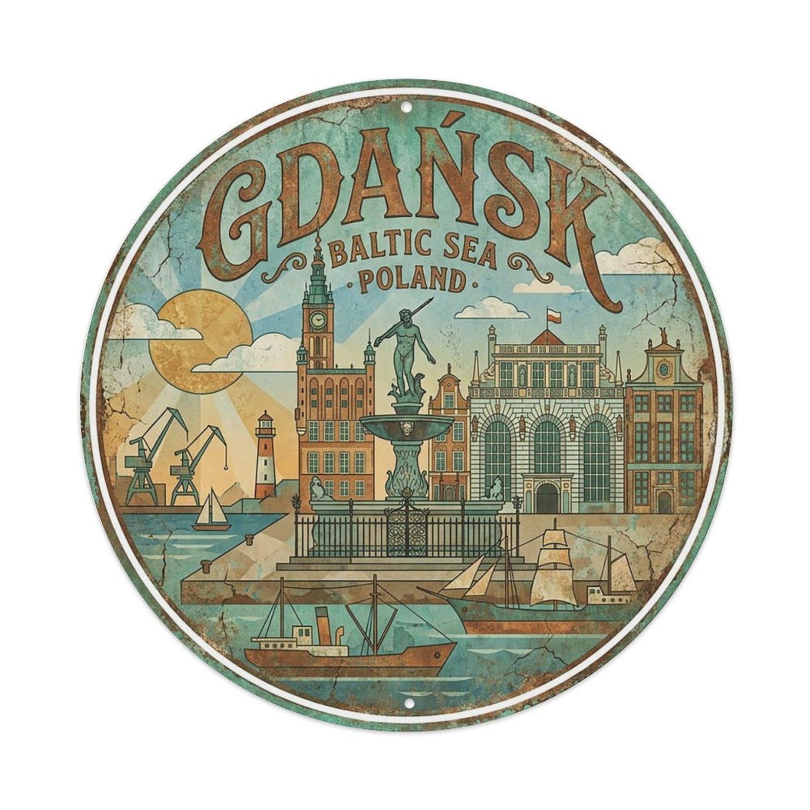 Poland Vintage Travel Gdansk Vintage Metal Tin Sign Plaque Wall Decor for Cafe, Club Bar, Office, Garden Metal Poster 8x8Inch