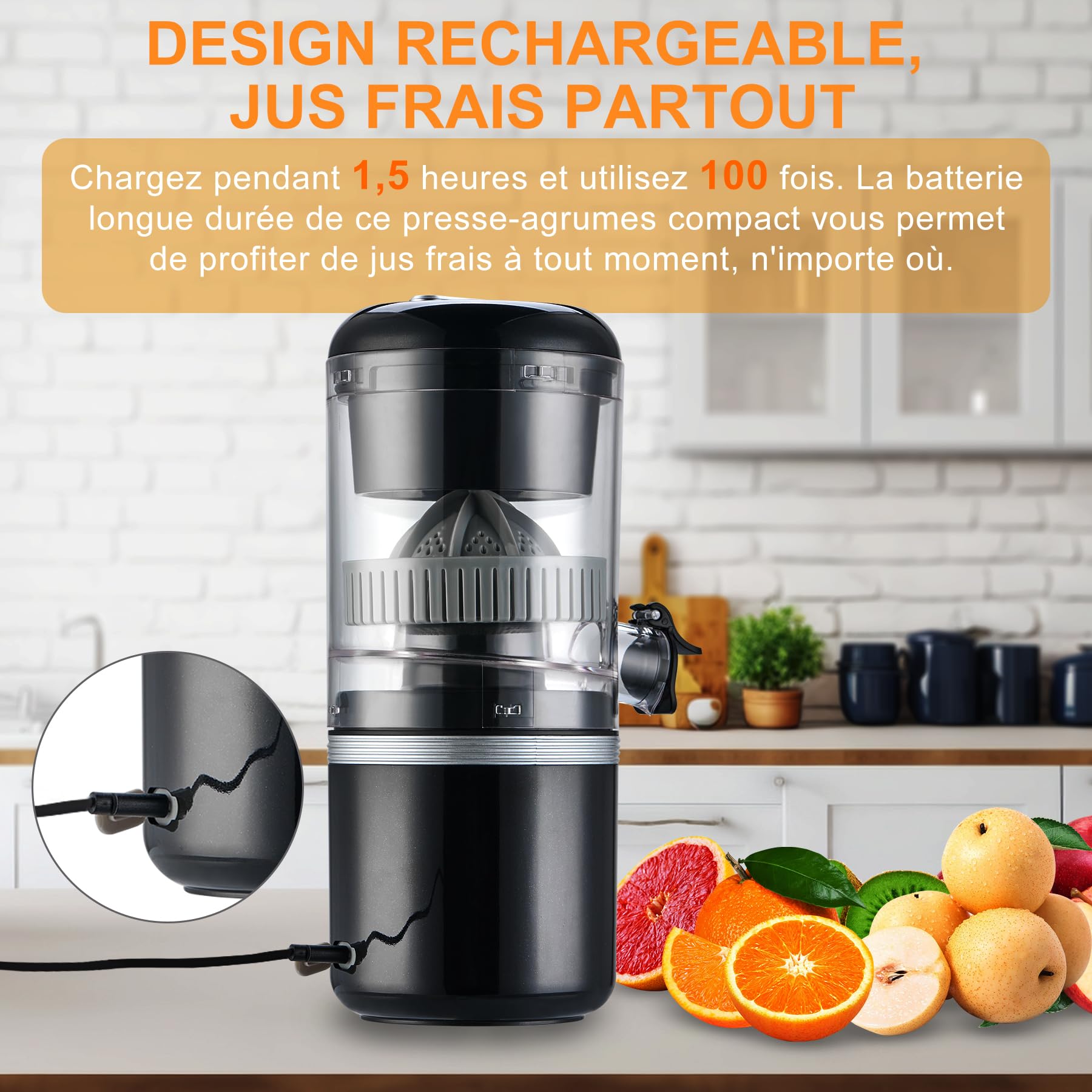 MAISON HUIS Presse-agrumes Électrique Presse-oranges Presse-citrons Extracteur de Jus Portable avec Recharge USB pour Oranges Citrons Pamplemousses Agrumes (Noir)