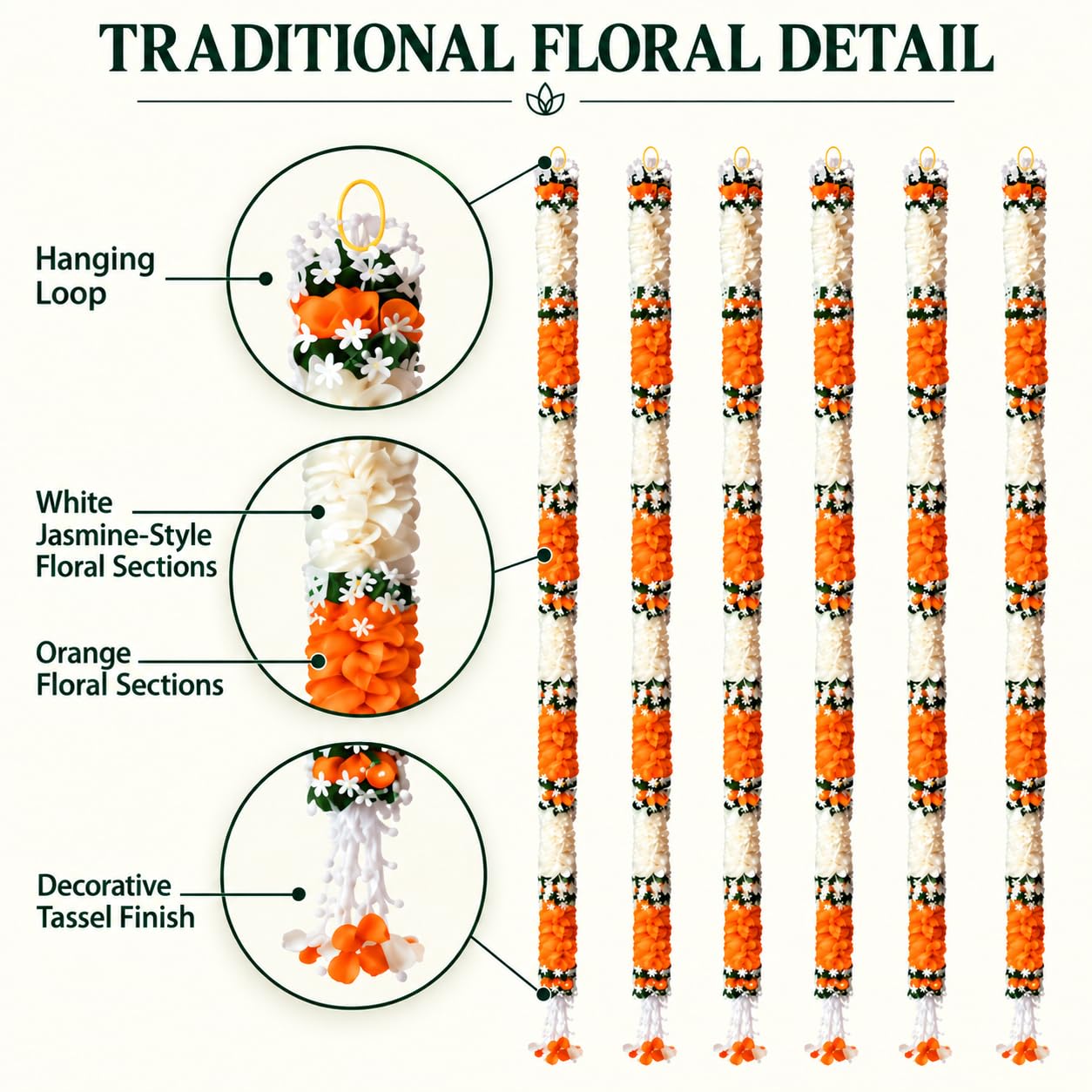 Artificial Flower Garlands - White Jasmine & Orange -8 Artificial Flower Garlands - White Jasmine & Orange -8