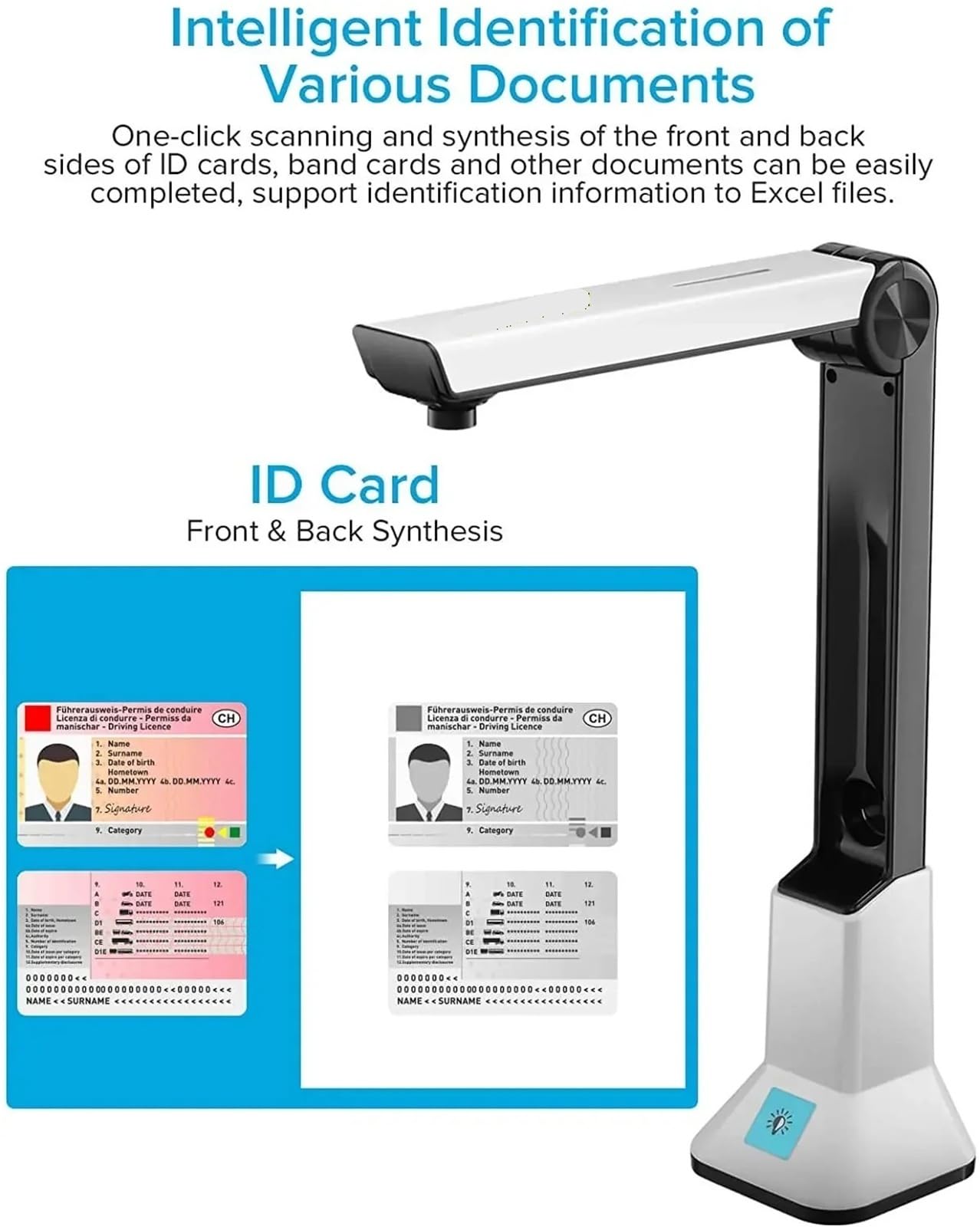 Document Camera Scanner Capture Portable Book A4 HD for ID Cards Passport Books Watermark Mega Pixel