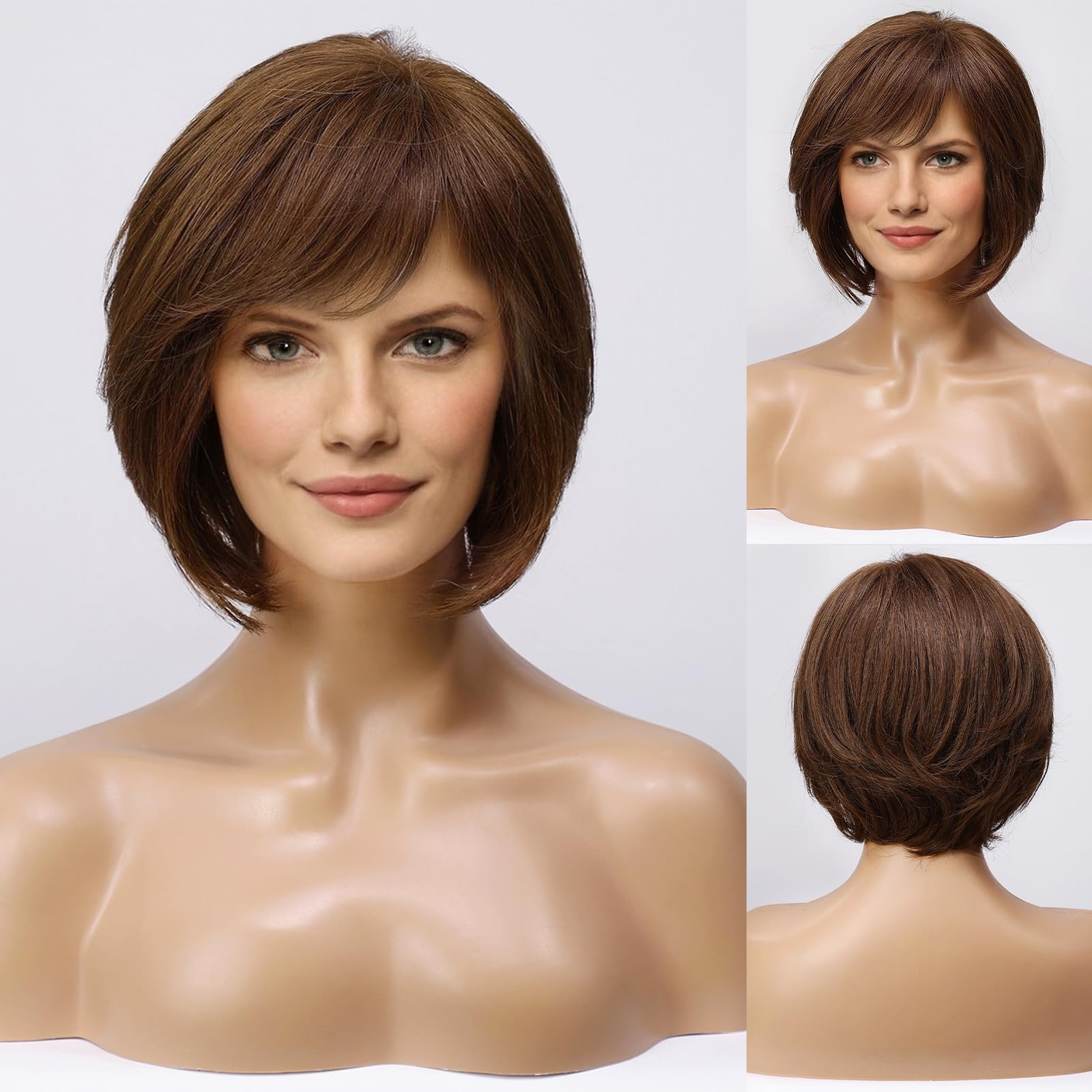 HAIRCUBE Short Brown Wig for Women Hand-Tied Lace Front Human Hair Wig Layered Bob Wig with Bangs Natural Wig for Daily Use Dark Brown
