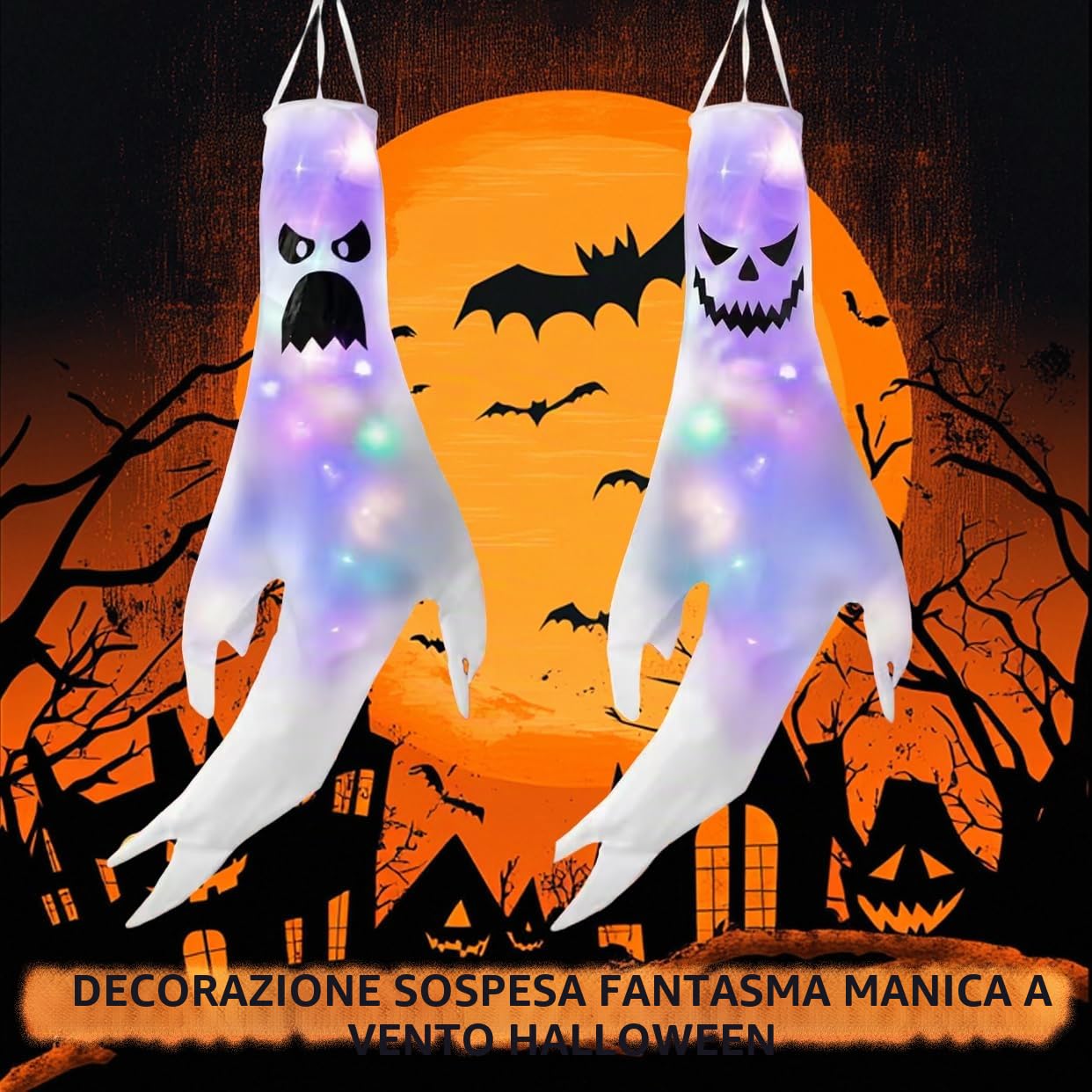 2 Pezzi Manica a Vento Fantasma Halloween, Decorazione Appesa di Halloween, Windsocks con Luce Colorato a LED da Decorazione