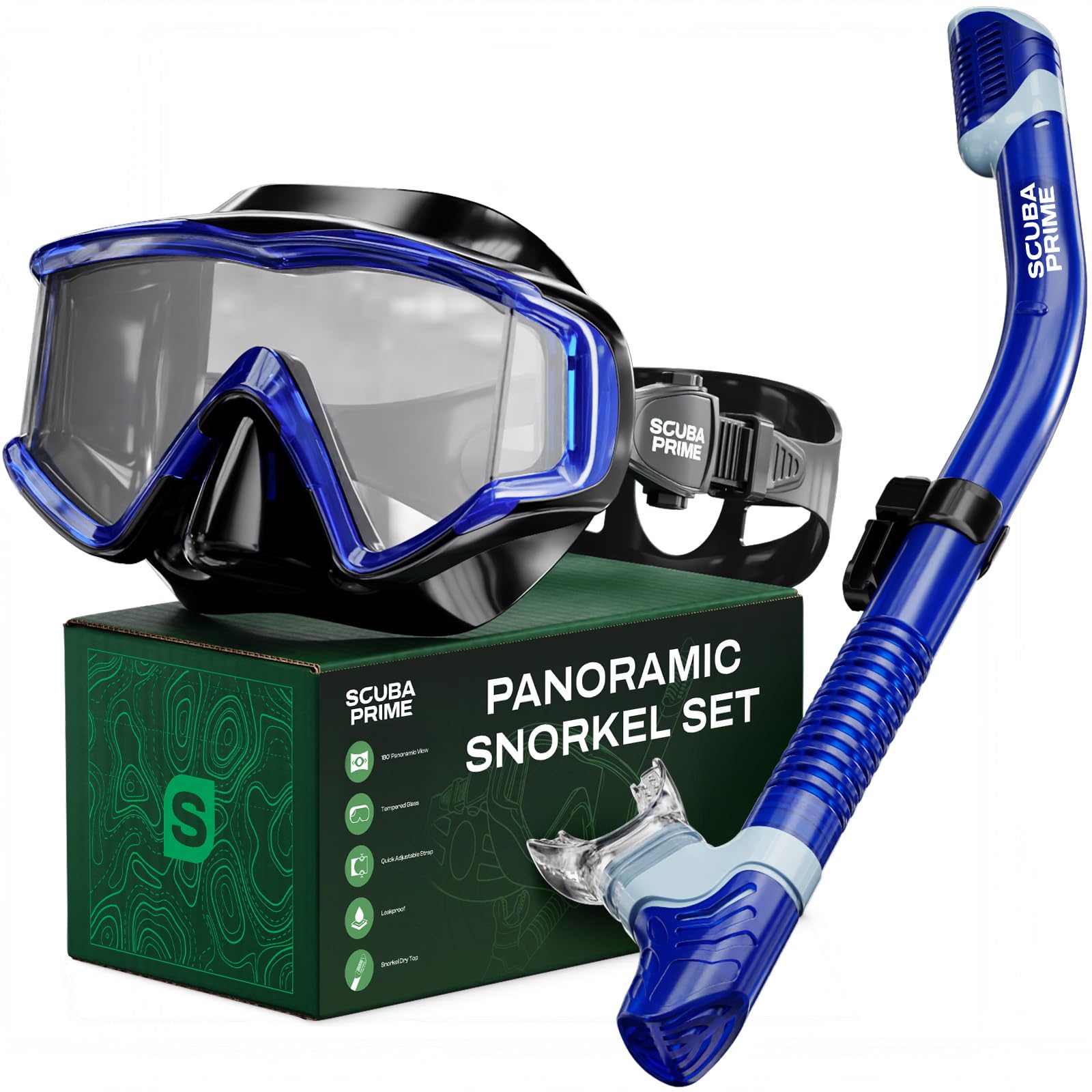 Pano 3 Schnorchelset mit Dry Top Schnorchel, 180° Panorama-Tauchmaske, gehärtetes Glas, Drei-Fenster-Tauchmaske, faltbarer Silikonschlauch, Anti-Leck-Ausrüstung für Männer, Frauen, Teenager