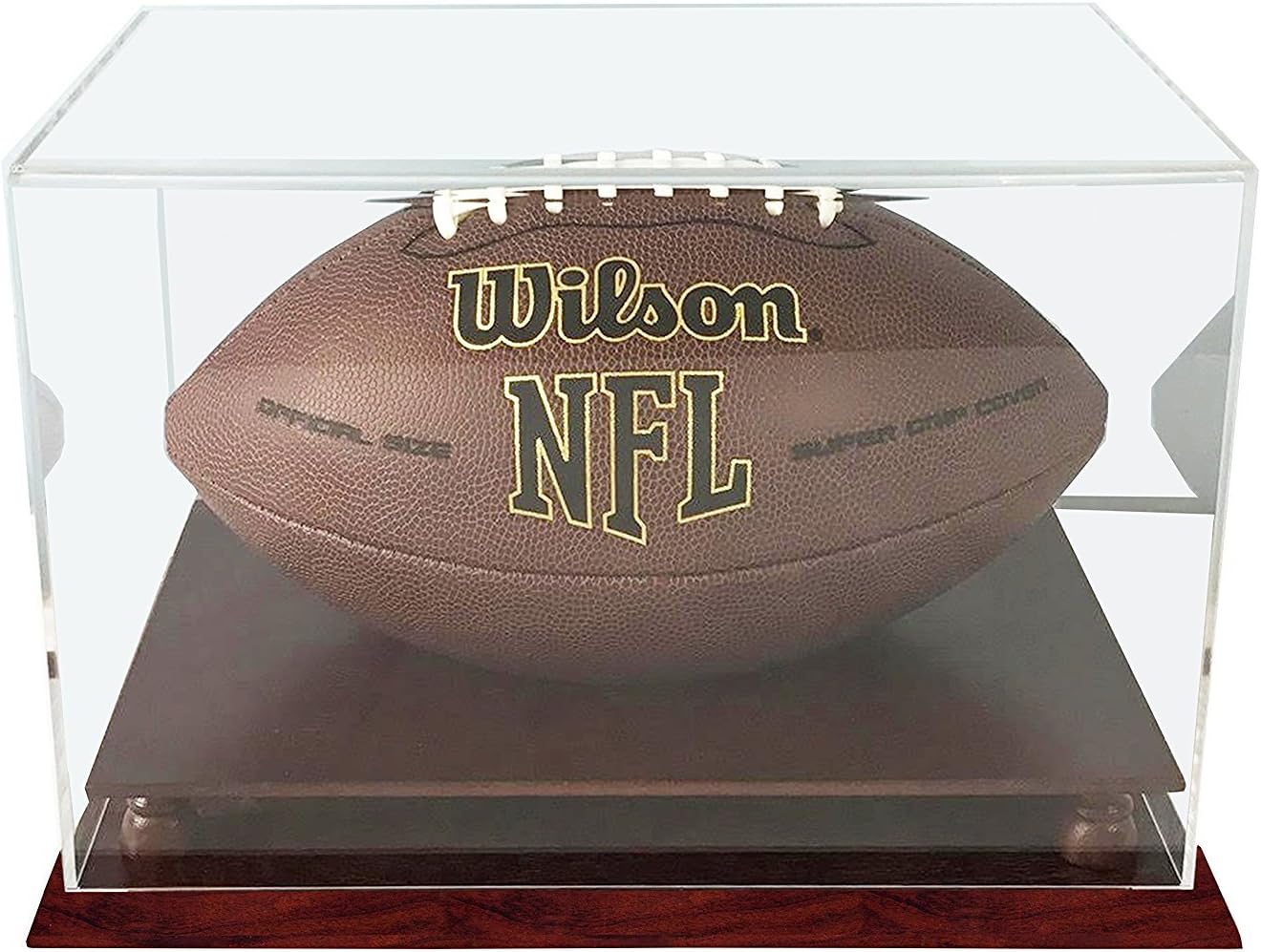 DECOMIL - UV Protection Football Display Case Holder, All 4 Sides Visible, Solid Wood Base - Cherry Finish : Sports & Outdoors