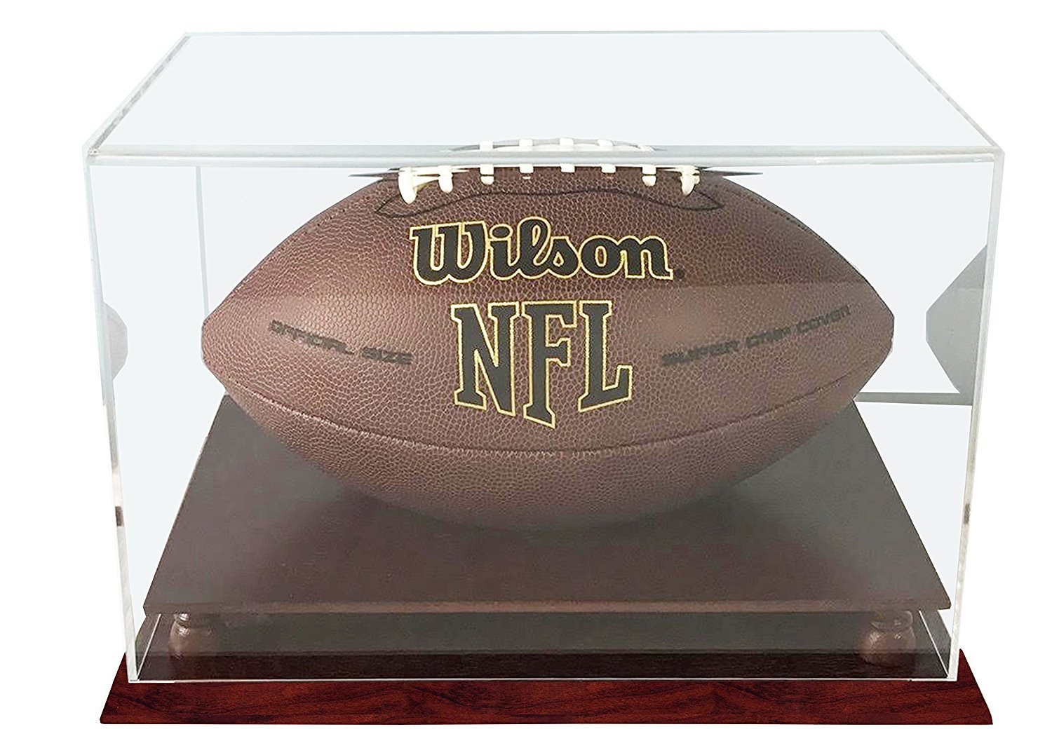 DECOMIL- UV Protection 4 Sides Visible Football Display Stand with Wooden Cherry Finish Base