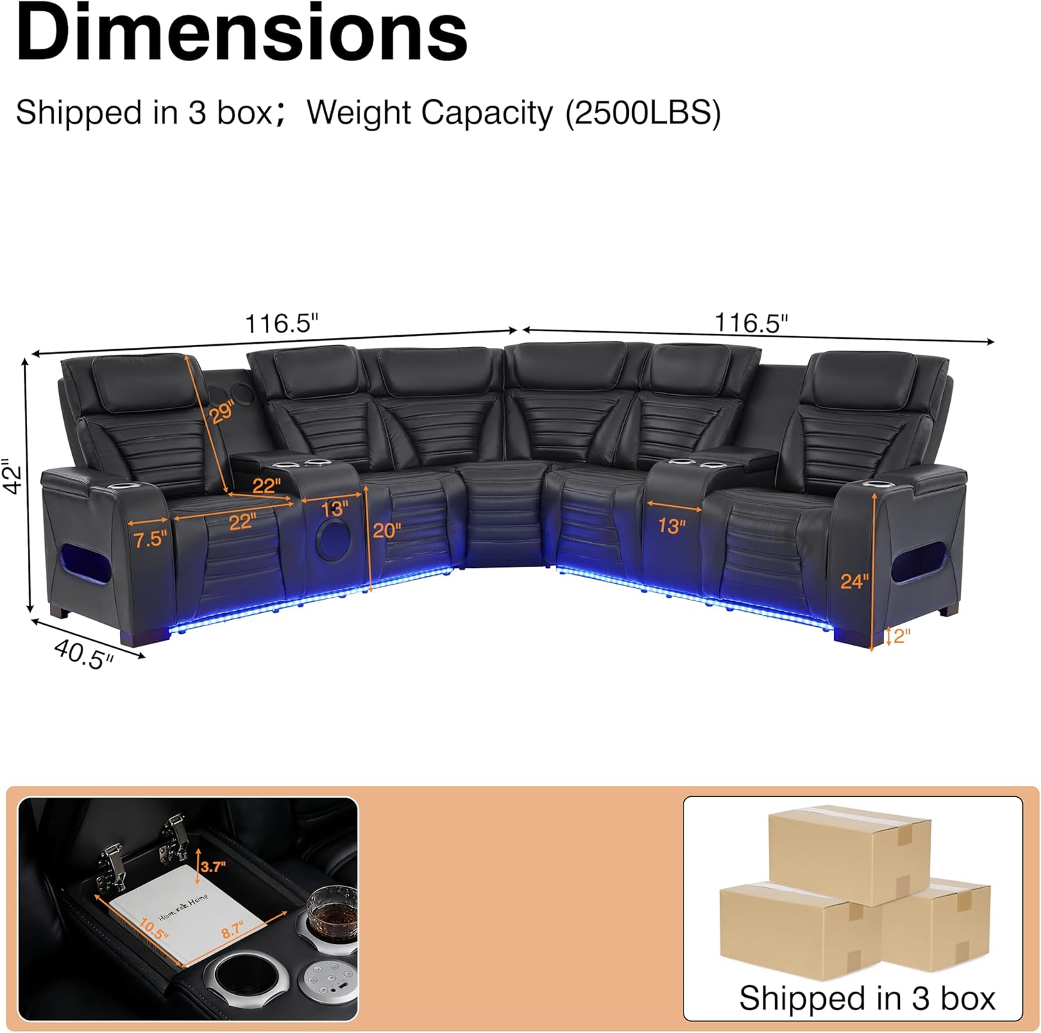 THSUPER Power Black Leather L Shaped Recliner Sofa Couch Sets with Arm Storage and Power Headrest for Living Room, Leather Reclining Living Room Furniture Set with Bluetooth Speaker. | Breathable material, LED ambient light, USB and Type-C port, Easy to Assemble, Cup Holders