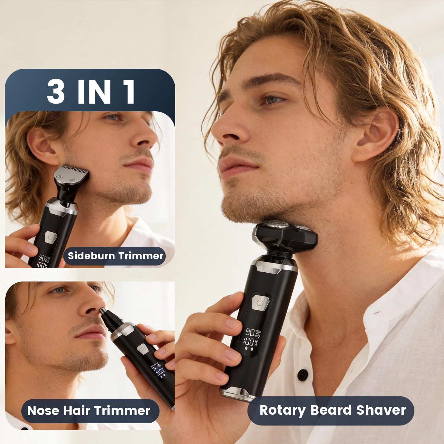 Electric Shaver Razor for Men: Wet/Dry Rotary Shaver with Upgraded Curved Razor Foil, Gentle on Sensitive Skin, 3-in-1 Cordless Shaver for Beard/Nose/Sideburns