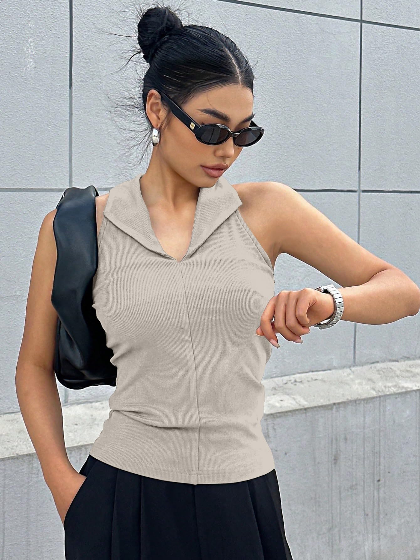 Sugathari Top da donna a costine con scollo all'americana, senza maniche, tinta unita, schiena scoperta, slim fit, in cotone, per abbigliamento casual, feste ed estate, gilet corto elasticizzato a