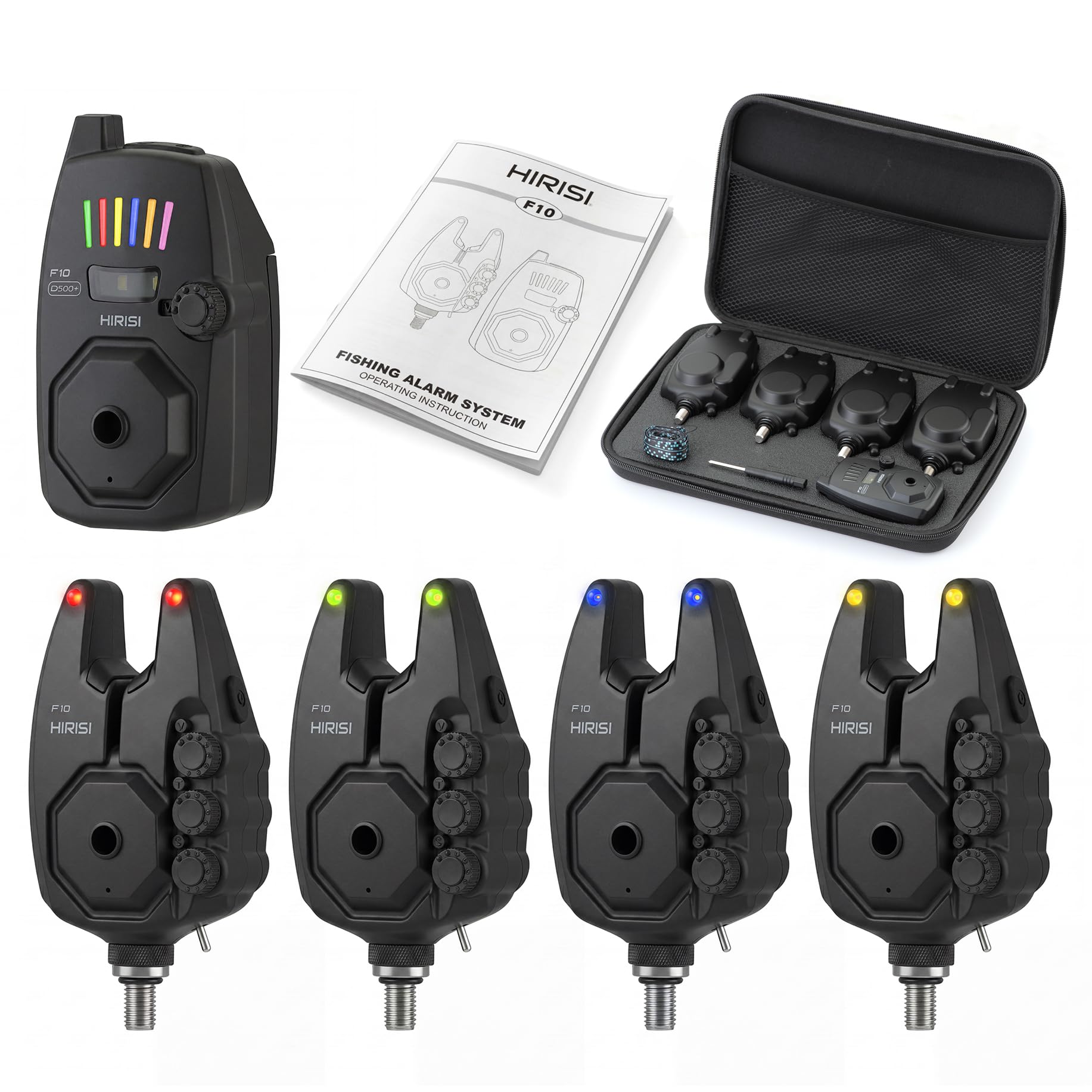 Hirisi Tackle Fishing Bite Alarm Carp Fishing with Remote Control (Receiver), 6 Colours & Brightness Adjustable, Range >500 m, Adjustable Sensitivity, Volume & Tone (FBA-F10-4)