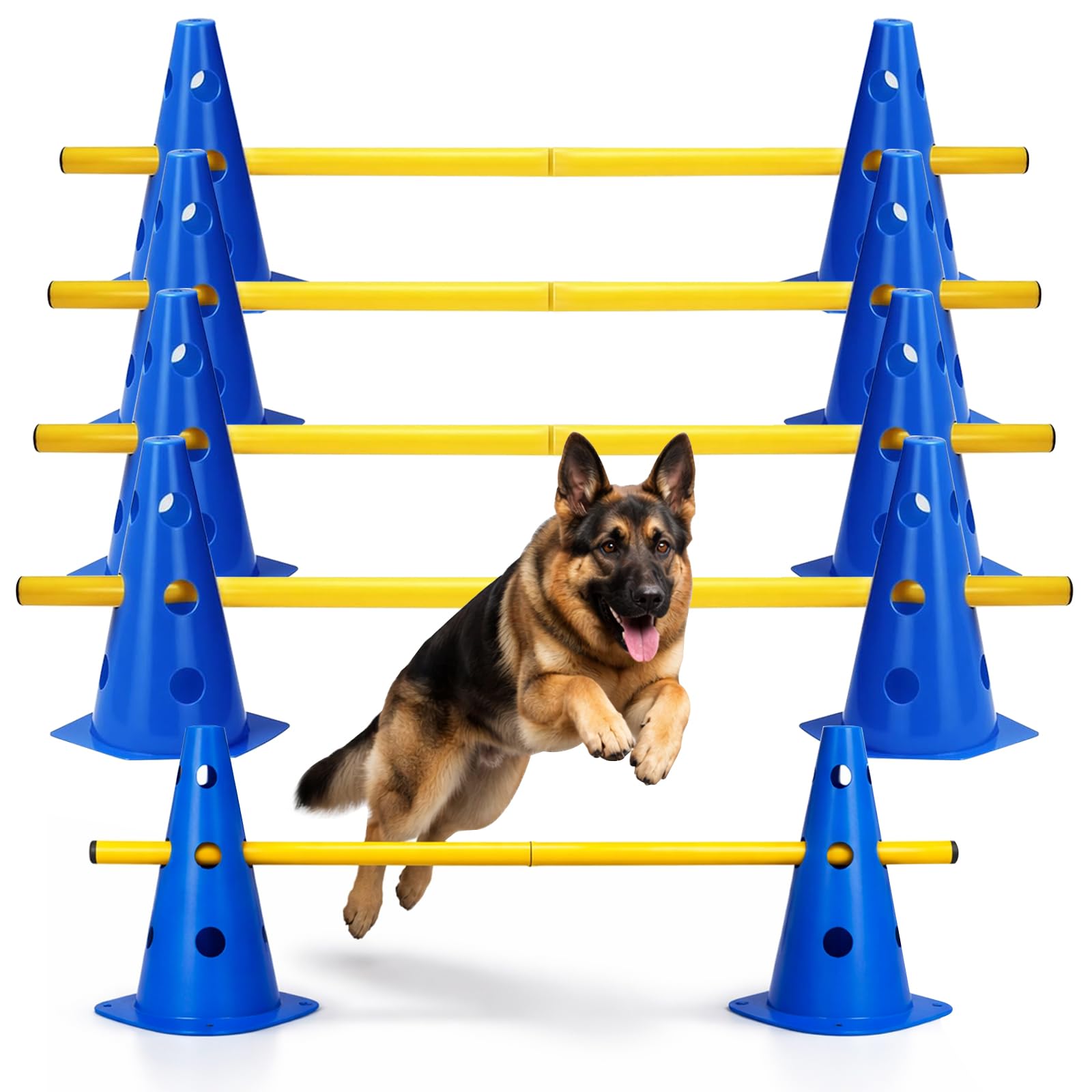Agility Set Hunde, Agility Trainingsgerät Sports Cavaletti Hunde Steckhürdenset, Kegel Trainingshürden Einstellbar 10 Kegel + 5 Stangen, Agility Hürden Steckhürden (B)