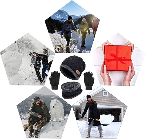 Miniatura 5 de Conjunto de gorro de punto de invierno, calentador de cuello, guantes, con forro de lana, gorro de calavera, bufandas infinitas, manoplas táctiles