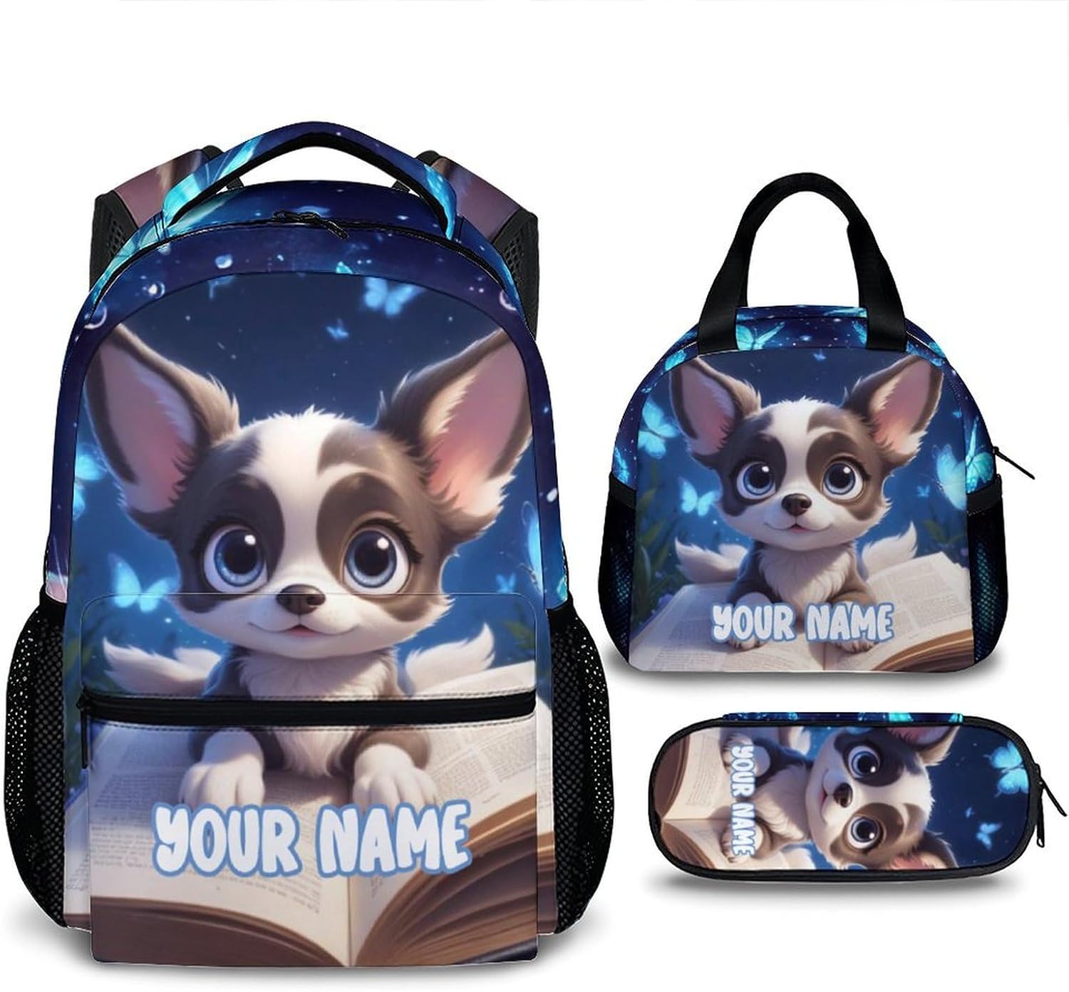 School Backpack for Girls, Set of 3 Personalized Cat Backpacks for Kids Kindergarten Preschool, 17 Inch Lightweight Cute Cat Bookbag with Custom Name for Travel Back to School