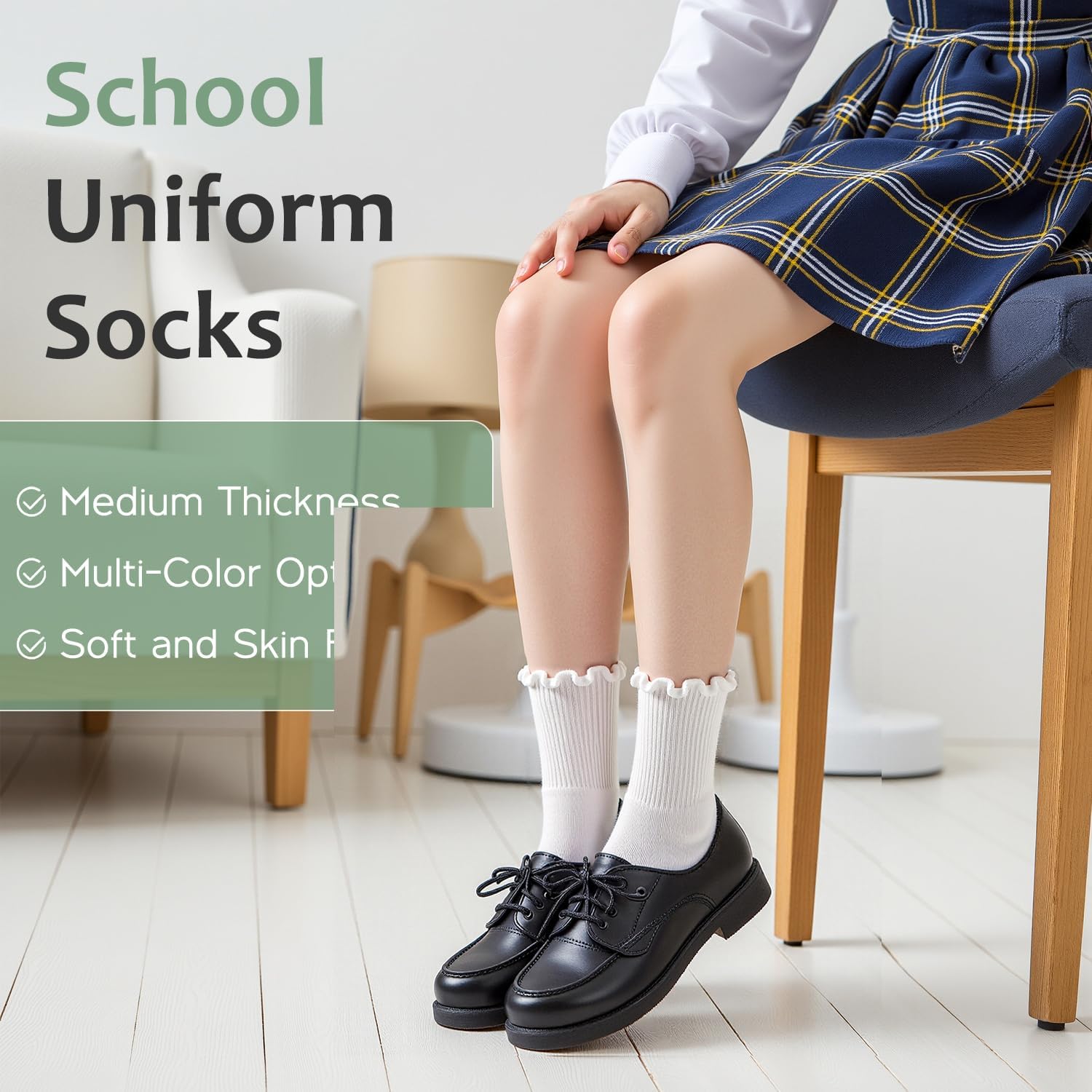 HONGTEYA 6 Pairs Girls White Ruffle Socks School Uniform Dress Socks for Kids Seamless Crew Ankle Cotton Size 4-14 Years 6-8 Years White Ruffles image 2 of 6 B0FCS15VYJ