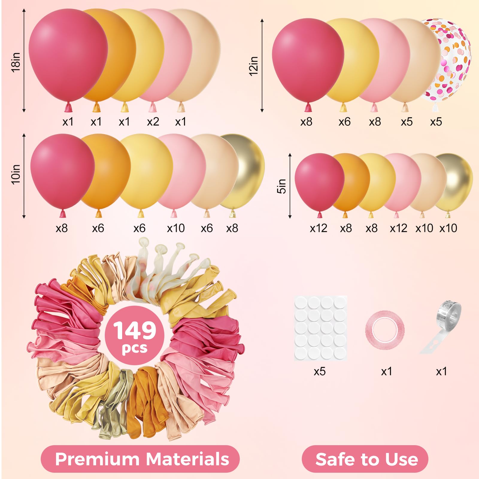 Ouddy Party Kit de 149 guirnaldas de globos rosa y naranja de diferentes tamaños de 18, 12, 10, 5 pulgadas, 6 globos dorados metálicos de melocotón rosa intenso de 18 pulgadas para verano, fiesta de