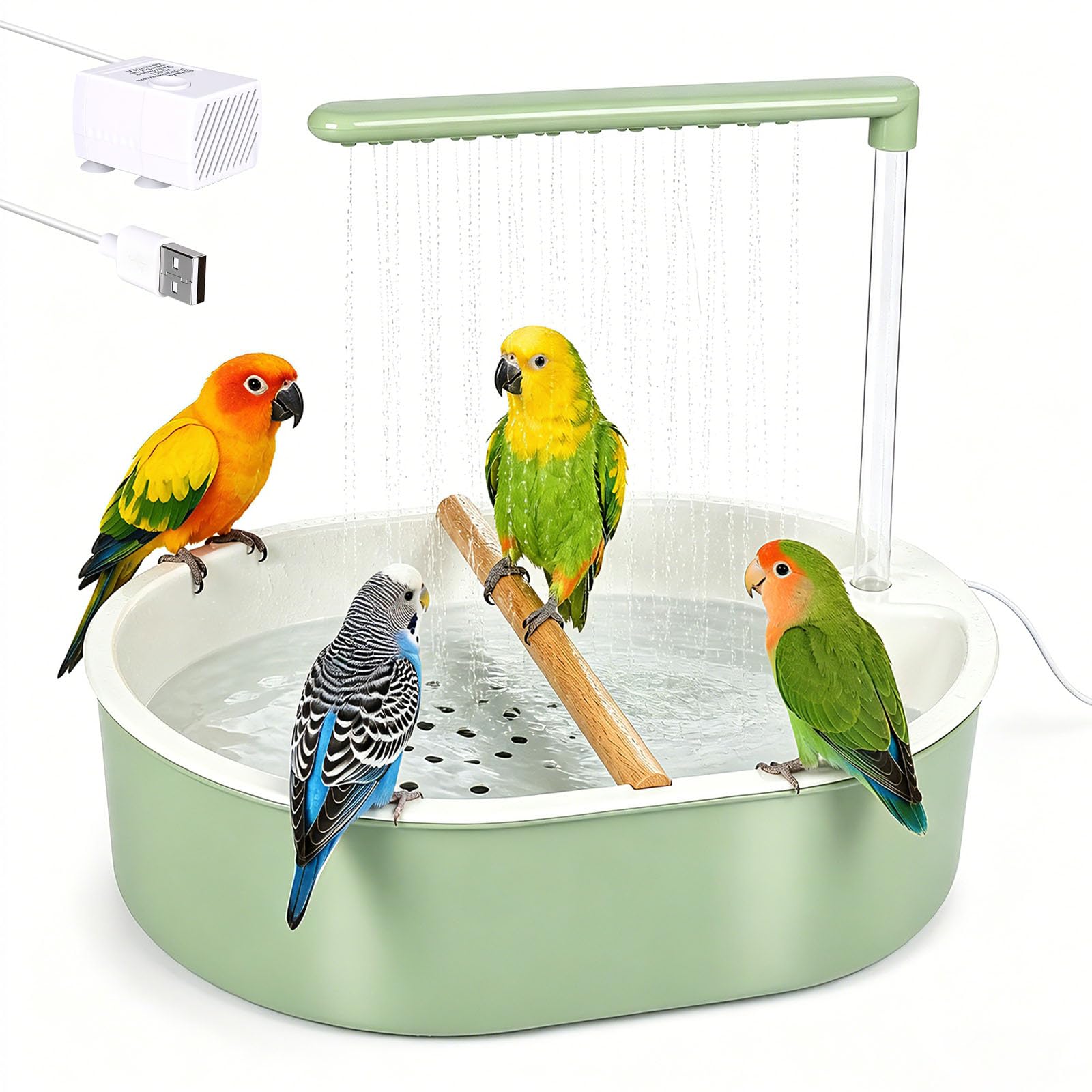 Ducha para pájaros, periquitos, ducha con bomba USB, ciclo de agua, para periquitos, periquitos, cacatúas, verde