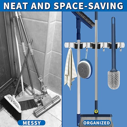 Miniatura 2 de Soporte de pared para escoba de fregona, organizador de escoba de lavandería, herramienta de almacenamiento para colgar en la pared, 3 estantes y 4