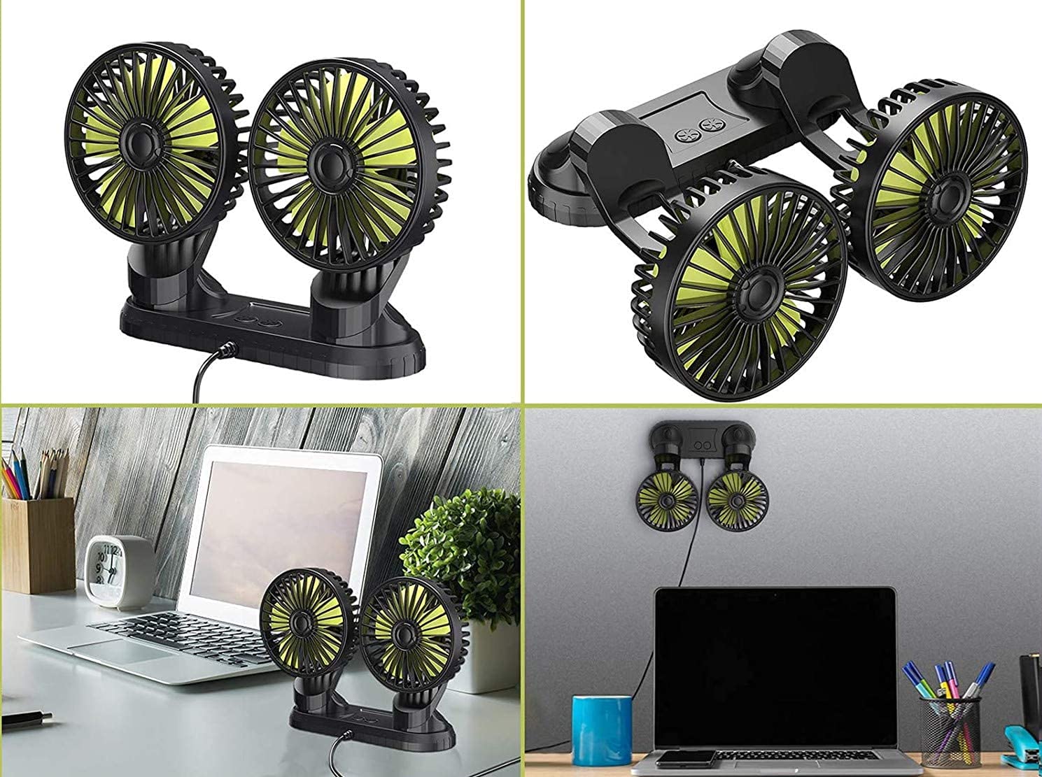 Queta Ventilateur de Voiture à Double Tête 5V Ventilateur de Refroidissement de Voiture avec Câble USB,3 Vitesse et Rotation à 360 Degrés,Réglable pour Véhicule/Bureau -Noir