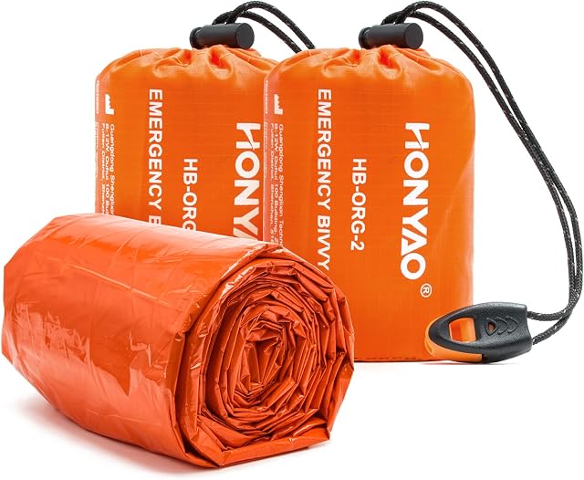 HONYAO Koc ratunkowy, do spania, survivalu, na biwak, pierwszej pomocy, wodoszczelny, namiot awaryjny, ultralekki, odporny na wysokie temperatury, z gwizdkami sygnalizacyjnymi, na kemping, wędrówki-Pomarańczowy-2 opakowania