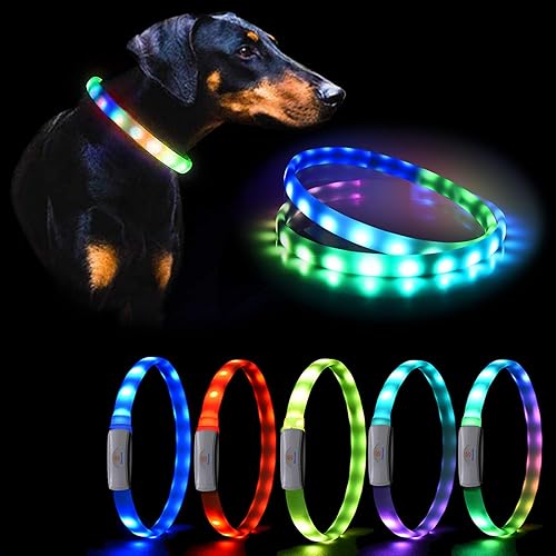Collar de perro recargable USB-C, collar de luz multicolor súper brillante, resistente a la intemperie, luz de seguridad para caminar por la noche,