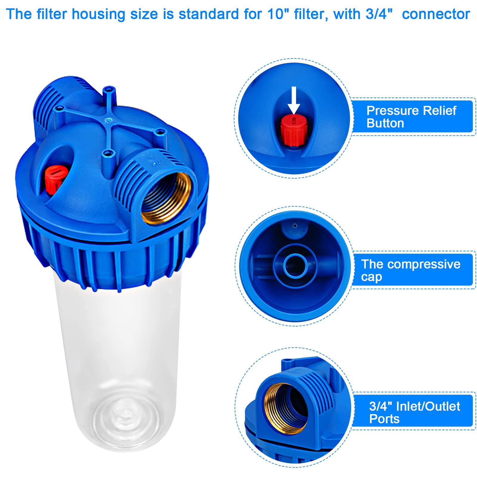 Lafiucy 10 pollici trasparente alloggiamento del filtro dell'acqua standard, versione più spessa, 3/4"ingresso/uscita porta in ottone, staffa, 4 viti, chiave