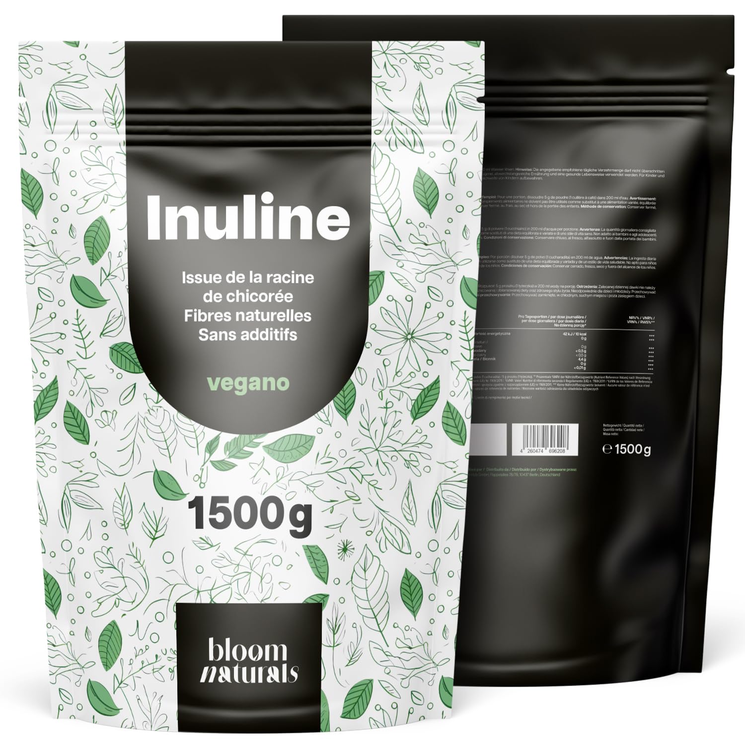 Inuline en Poudre 1500 g (1,5 kg) – Issue de la Racine de Chicorée – Source Naturelle de Fibres – 100% Vegan – Produite en Allemagne – Sans Additifs