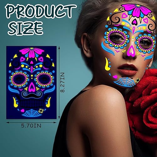 Miniatura 2 de 10 hojas de tatuajes temporales del Día de los Muertos Dia de los Muertos, calcomanías temporales de tatuajes de cactus, guitarra, calavera,