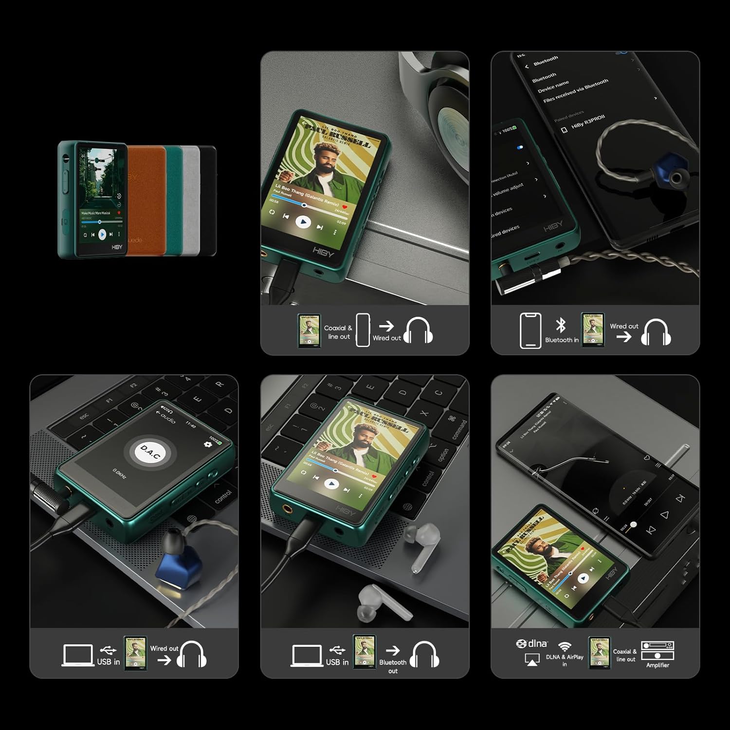 Six panels illustrating various connectivity options of the HiBy R3 PRO II